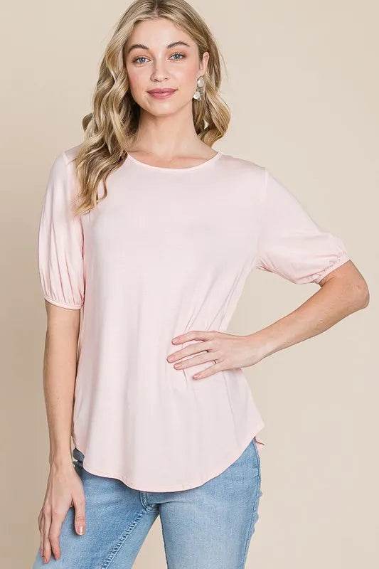 BOMBOM Women's Round Neck Puff Sleeve T-Shirt - Casual Short Sleeve Blouse Top for Summer Outfits, Date Night & Office Wear