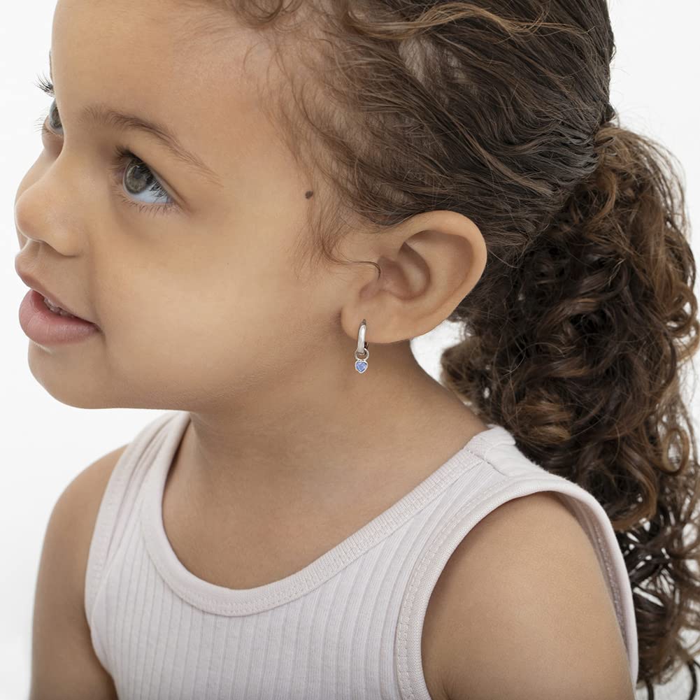 925 Sterling Silver Petite Simulated Birthstone Heart Charm Hoop Earrings for Girls 12mm - Cubic Zirconia Stud Earrings - Dainty Heart Jewelry for Teens & Young Women - Perfect Gift for Birthdays, Valentine's Day & Everyday Wear
