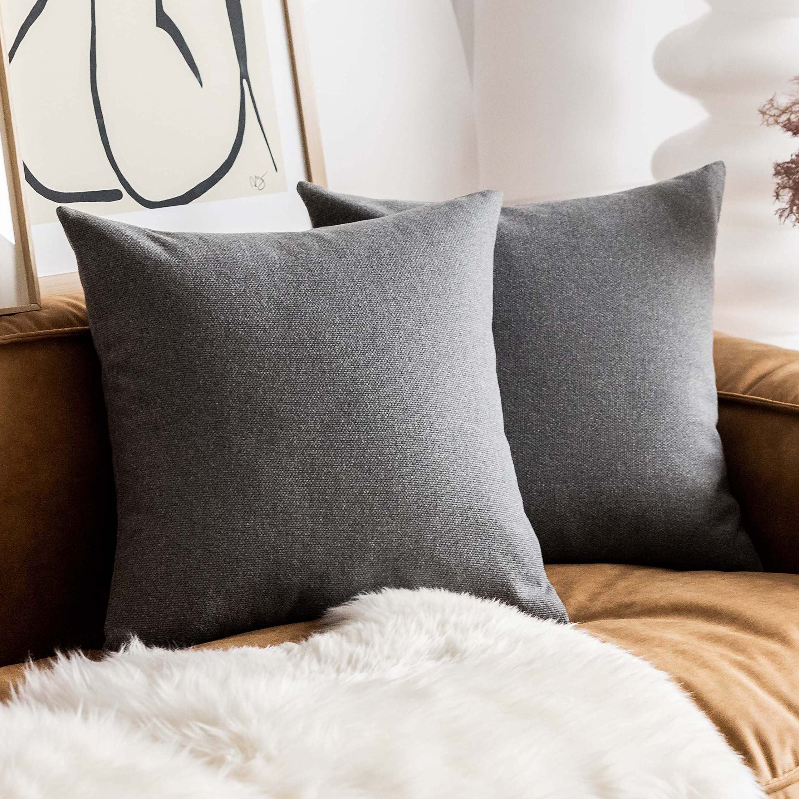 Premium Cotton Throw Pillow Covers 24x24 Inches (60x60 cm) - Set of 2 Dark Gray Decorative Cushion Covers for Sofa, Couch, Bed & Patio - Soft & Stylish Home Decor Accent