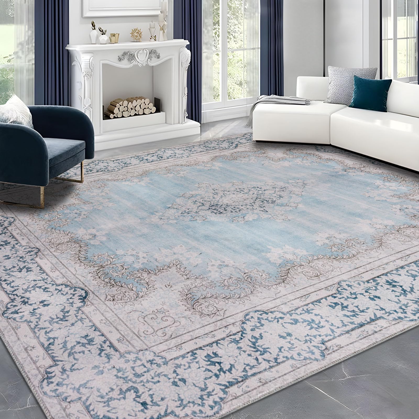 DECOMALL Washable Bohemian Area Rug 8x10 ft - Vintage Distressed Non-Slip Large Carpet for Living Room & Bedroom - Blue Traditional Rug | Perfect for Boho Home Decor, Cozy Spaces & High-Traffic Areas