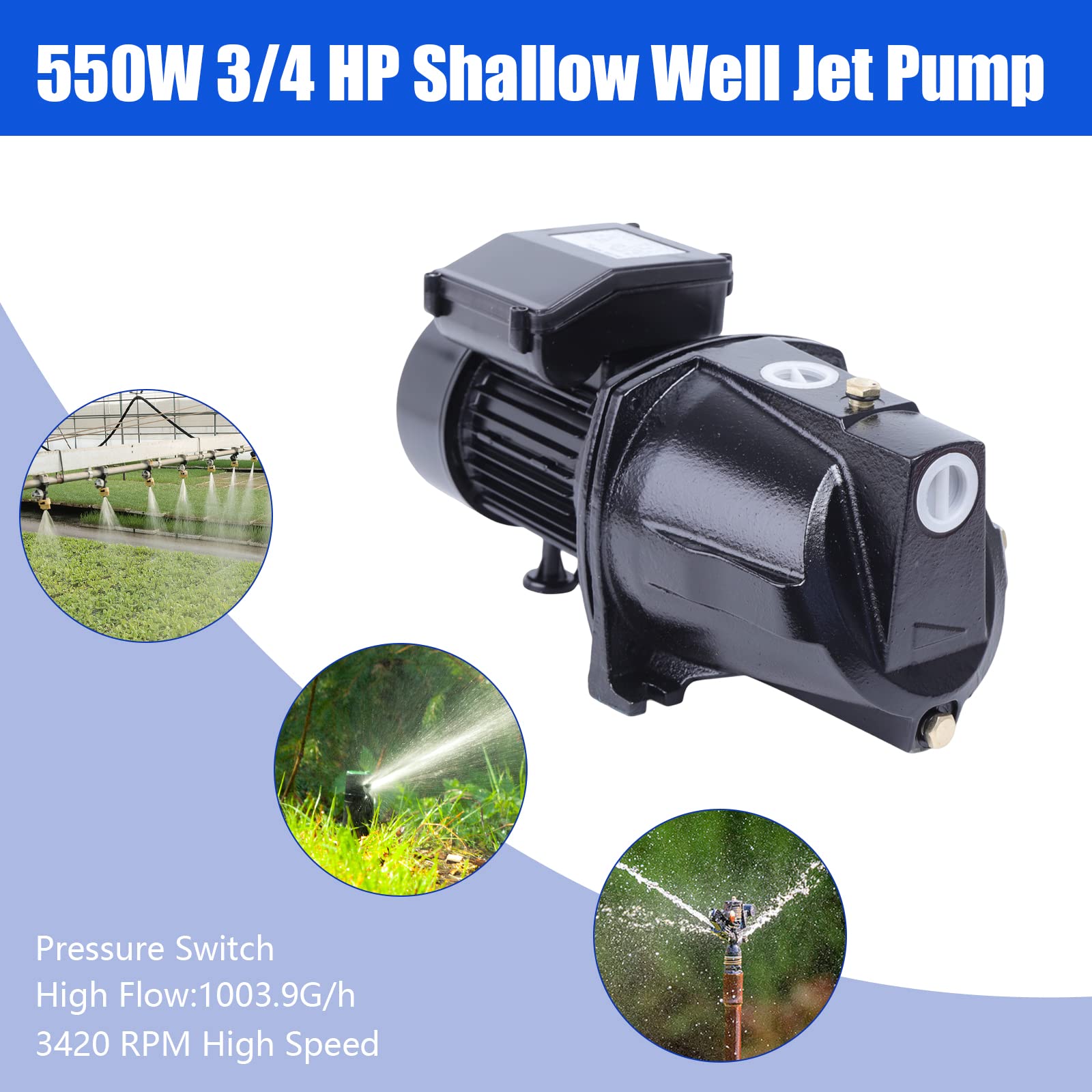 TBVECHI 3/4 HP Shallow Well Jet Pump with Adjustable Pressure Switch - 550W Cast Iron Water Pump for Home, Garden, Farm & Pool Use - Heavy Duty Shallow Well Pump for Irrigation, Lawn Watering & Household Water Supply (US Stock)