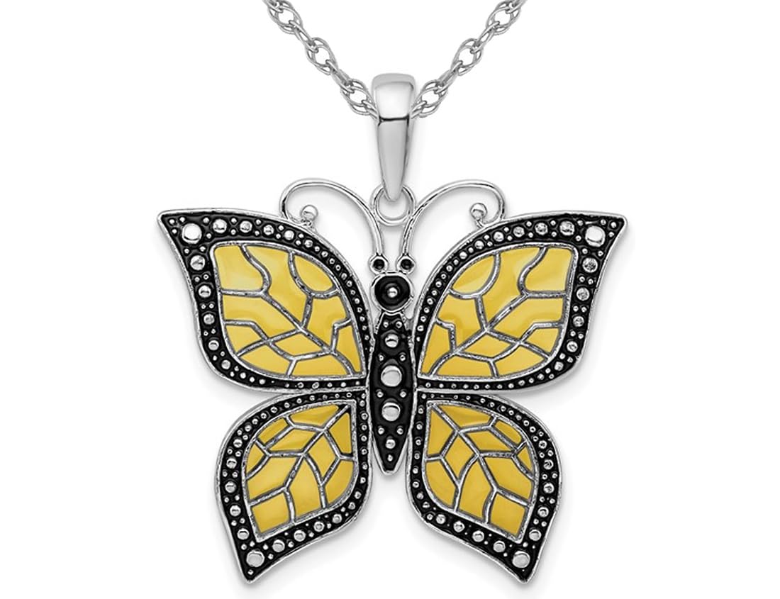 Sterling Silver Yellow Butterfly Charm Pendant Necklace with 18