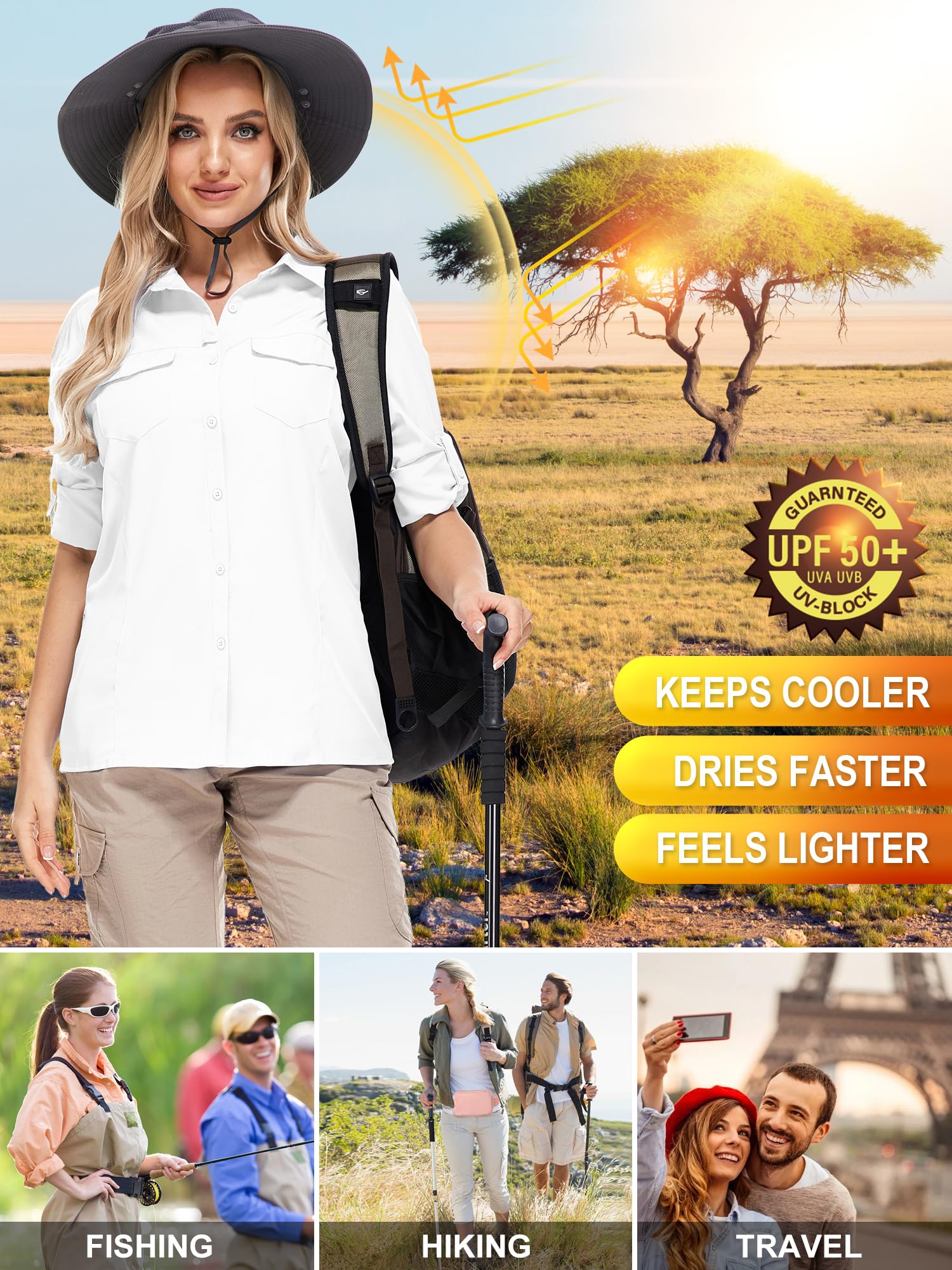 UPF50+ Women's & Men's Sun Protection Fishing Shirts - Long Sleeve Travel & Safari Work Shirts with Zipper Pockets - Perfect for Outdoor Activities, Hiking, Beach & Summer Adventures
