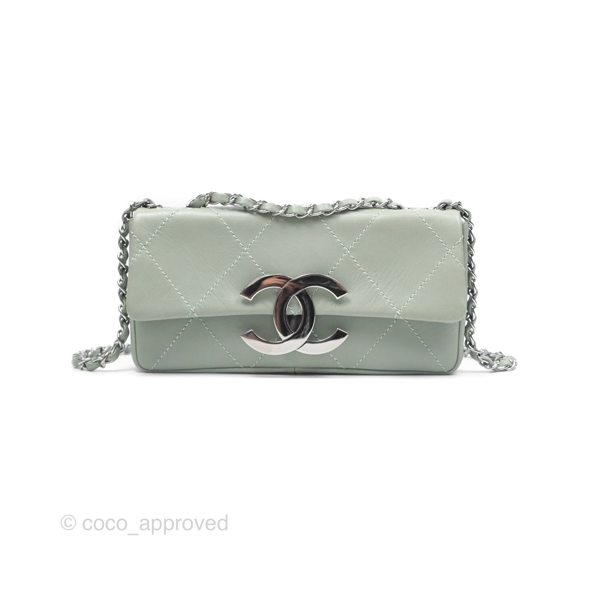 Chanel CC East West Flap Bag Genuine Lambskin Leather Mint Green with Silver Hardware - Luxury Crossbody Purse for Women, Perfect for Date Night & Special Occasions
