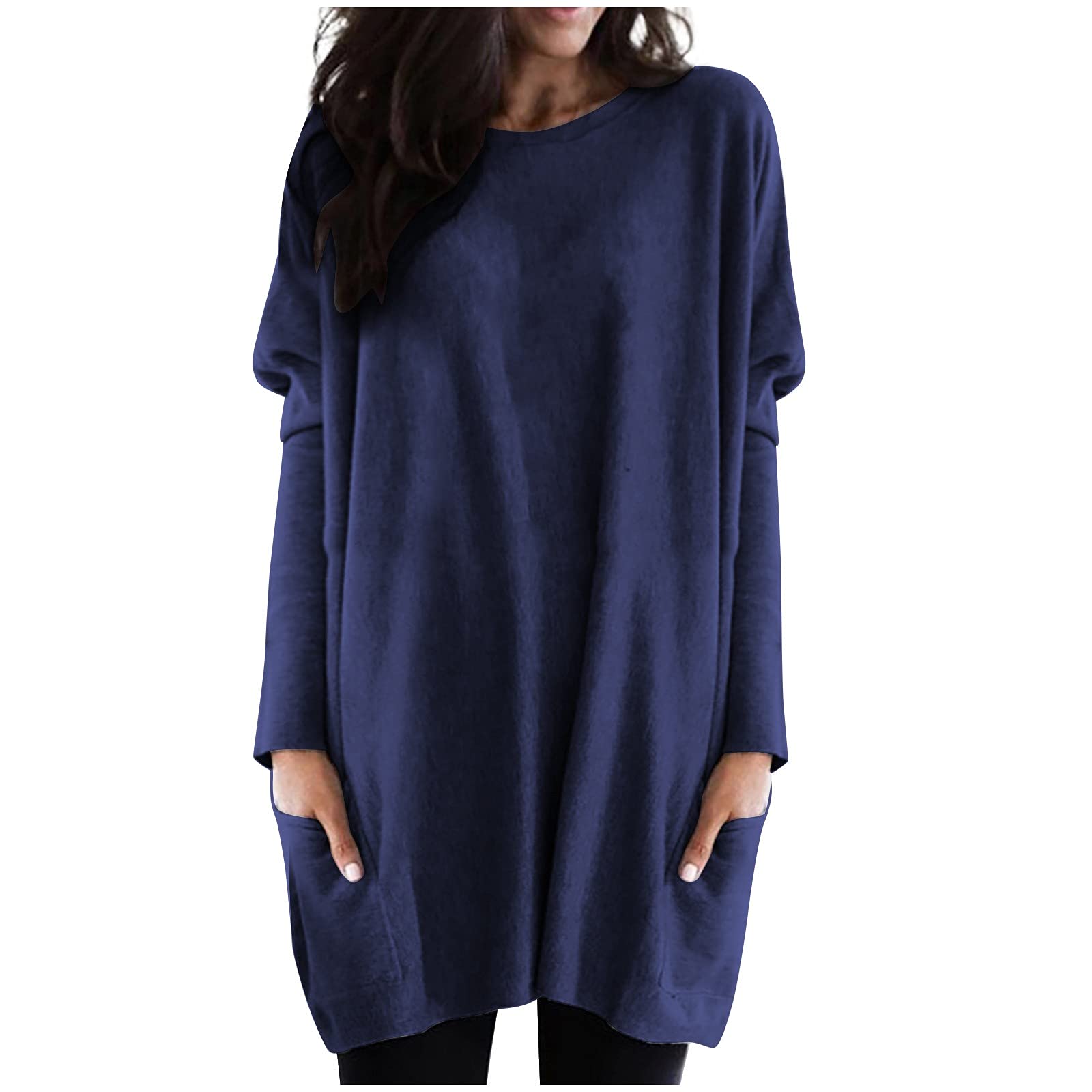 HUANKD Women's Long Sleeve Athletic Shirt - Breathable Cotton Loose Fit T-Shirt with Pockets, Casual Solid Color O-Neck Top for Running, Yoga & Outdoor Activities