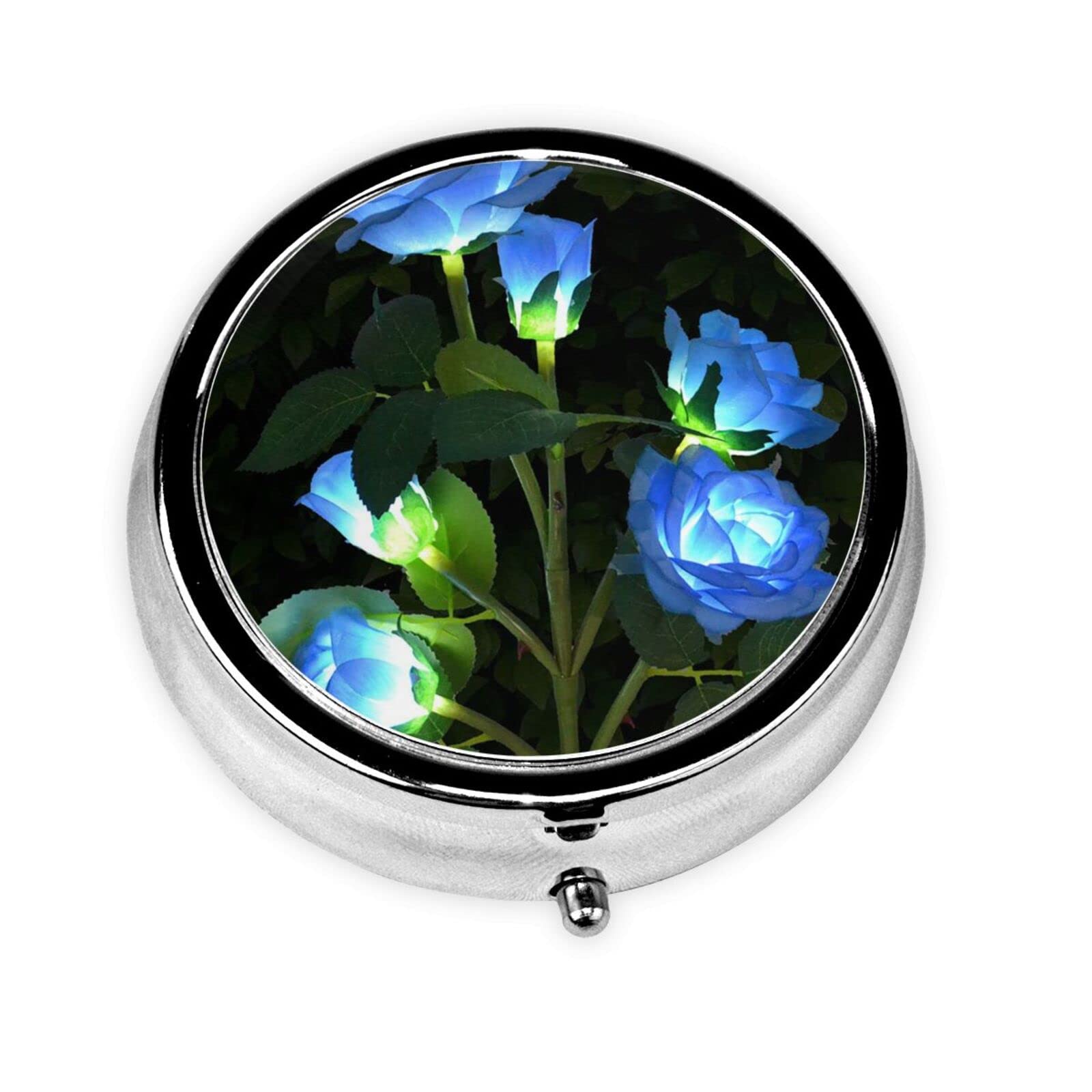 Blue Rose Flowers Metal Pill Box - 3 Compartment Travel Pill Organizer for Vitamins & Medication - Portable Round Pill Case for Daily Use, Travel, and Home Storage