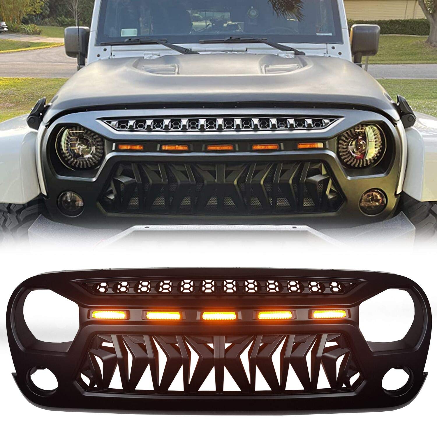 2007-2018 Jeep Wrangler JK JKU Front Grill Mesh Grille Cover - Matte Black with Amber LED Running Lights | Compatible with Unlimited, Rubicon, Sahara & Sport Models | Off-Road Protection & Stylish Upgrade