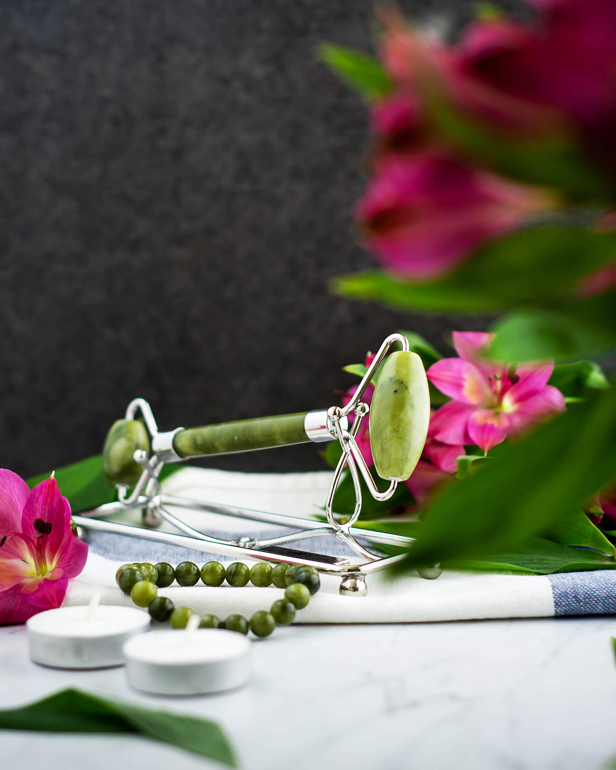 Premium Jade Roller & Gua Sha Set with Jeweled Stand & Satin Pouches - Facial Massage Tools for Skin Care, Anti-Aging, Wrinkle Reduction & Detox - Perfect for Home Spa, Self-Care Routine & Gift Giving
