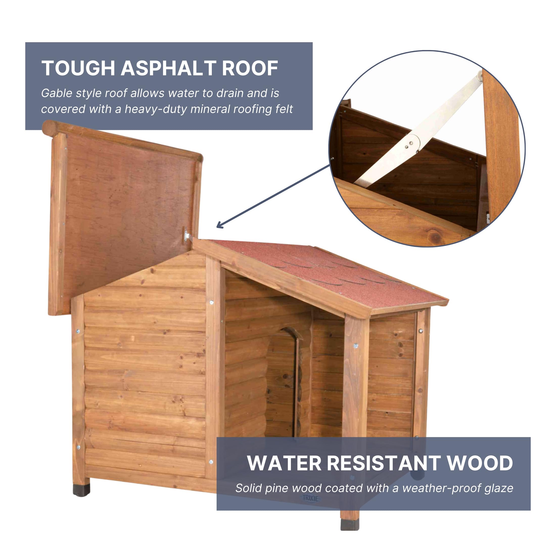 **TRIXIE Natura Lodge Outdoor Wooden Dog House for Large Dogs - Weatherproof, Hinged Roof & Adjustable Legs - 39.37 x 51.18 x 41.34 in - Perfect for Backyard, Patio & Garden Use**
