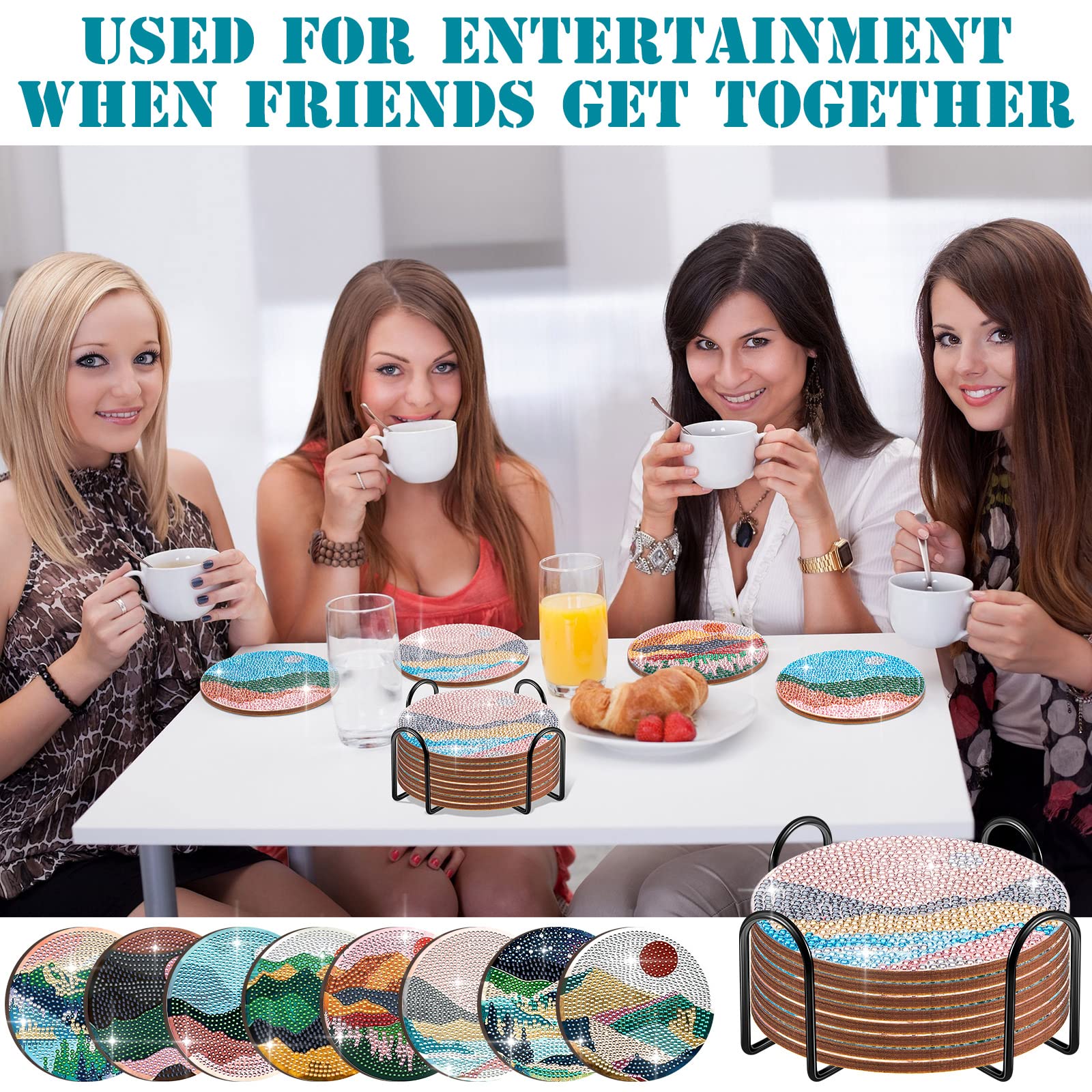 8 Pcs DIY 5D Diamond Painting Coasters Kit - Landscape Design Shining Drink Coasters with Holder, Arts and Crafts for Adults Beginners, Perfect for Party Decor, Birthday Gifts & Home Tableware Protection