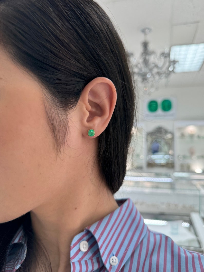 2.41tcw 14K Gold Vivid Green Emerald Cushion Cut Stud Earrings for Women - Luxury Birthstone Jewelry Gift for Mother's Day, Anniversary & Special Occasions