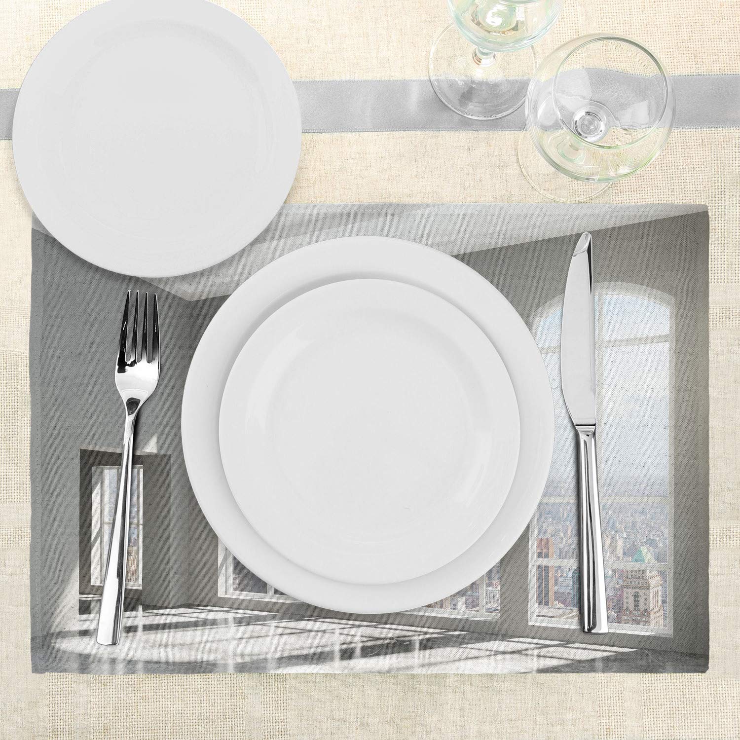 Ambesonne Modern Place Mats Set of 4 - Urban City Scenery with Country Home View Print, Washable Fabric Dining Table Mats for Kitchen & Dining Room Decor in White & Eggshell - Perfect for Dinner Parties, Family Gatherings & Home Styling