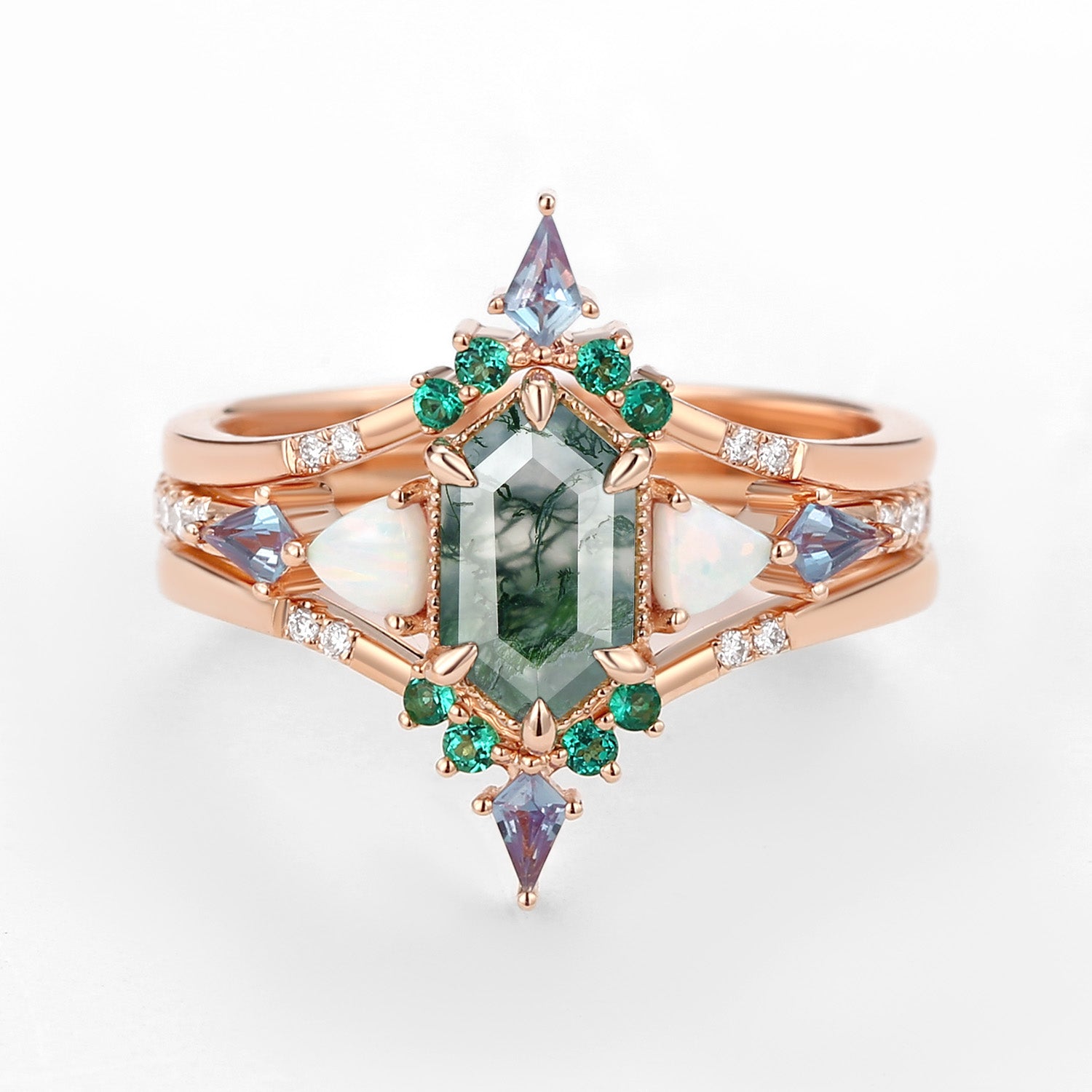 Hexagon Moss Agate Opal Alexandrite Emerald Engagement Ring Set - 3 Piece Wedding Band Collection for Women - Perfect for Proposals, Anniversaries and Special Occasions