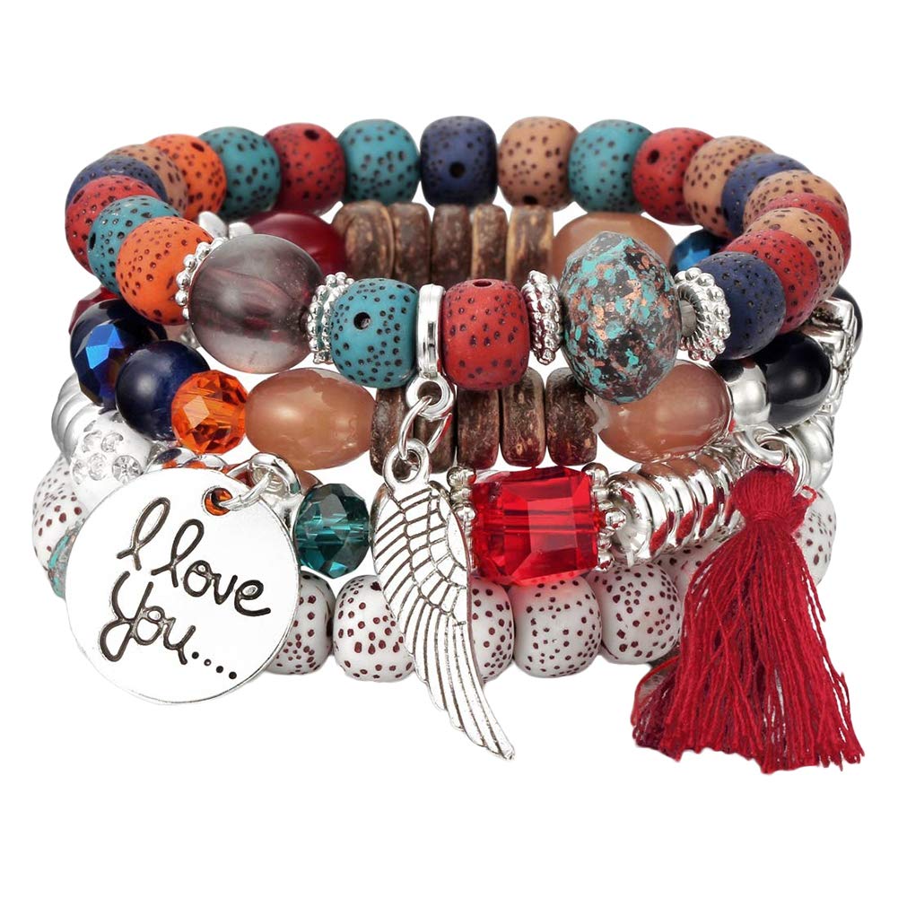4Pcs Bohemian Beaded Bracelet Set for Women - Colorful Wing Bead Bangles, Handmade Jewelry Gift for Party, Festival & Everyday Wear
