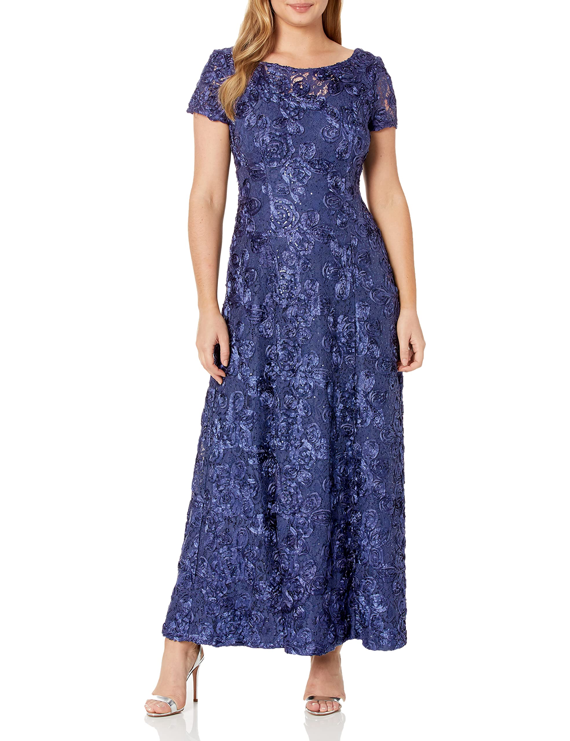 Alex Evenings Women's Plus Size Short Sleeve Long A-line Rosette Lace Dress for Wedding Guest, Cocktail Party & Special Occasions | Formal Evening Gown with Floral Embroidery