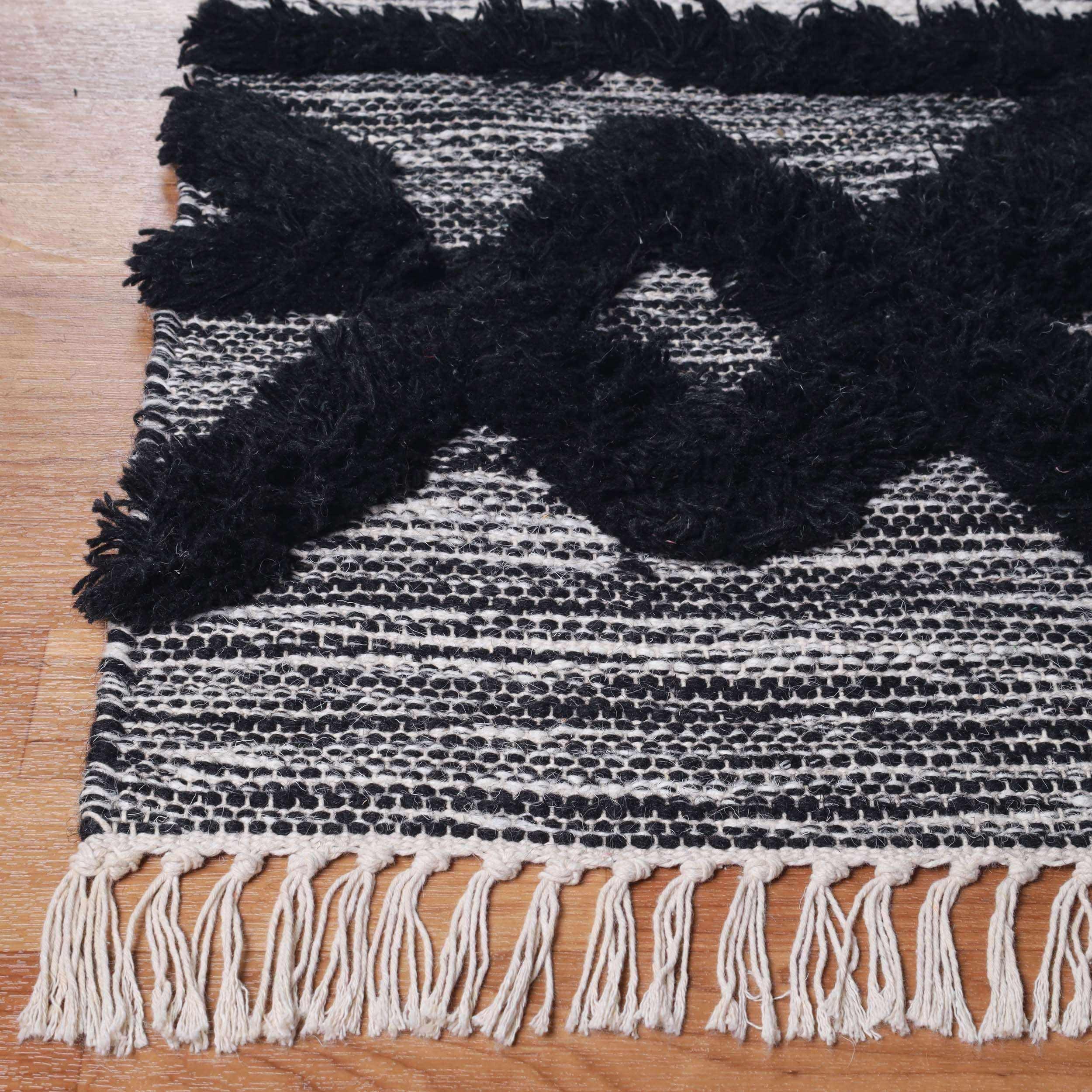 Bohemian Wool Geometric Medallion Fringe Rug - Handmade Indoor Area Carpet or Runner for Living Room, Bedroom & Boho Home Decor
