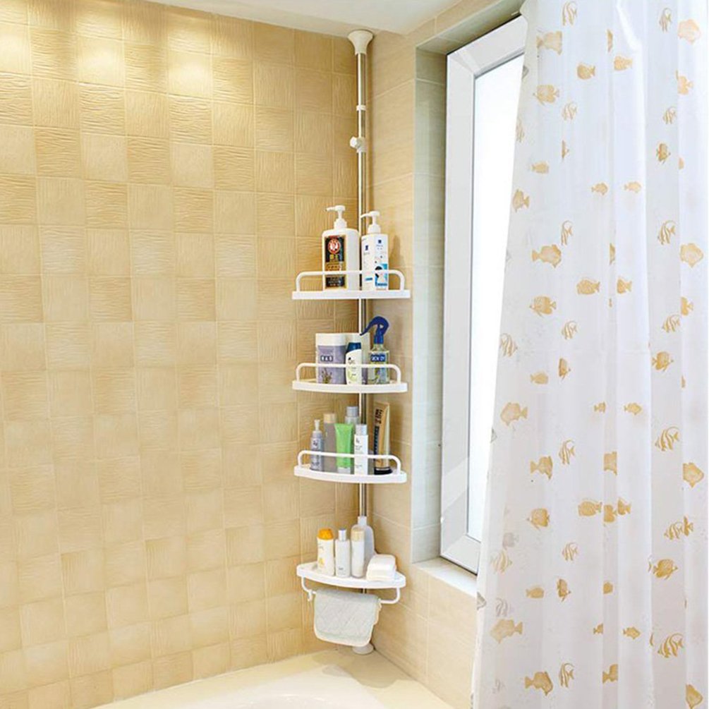 BAOYOUNI 4-Tier Adjustable Shower Caddy Tension Pole - Extendable Floor to Ceiling Bathroom Organizer with Corner Storage Shelf for Bathtub, Space Saving Ivory Stand | Perfect for Small Bathrooms, Apartment Showers & Spa-Like Organization
