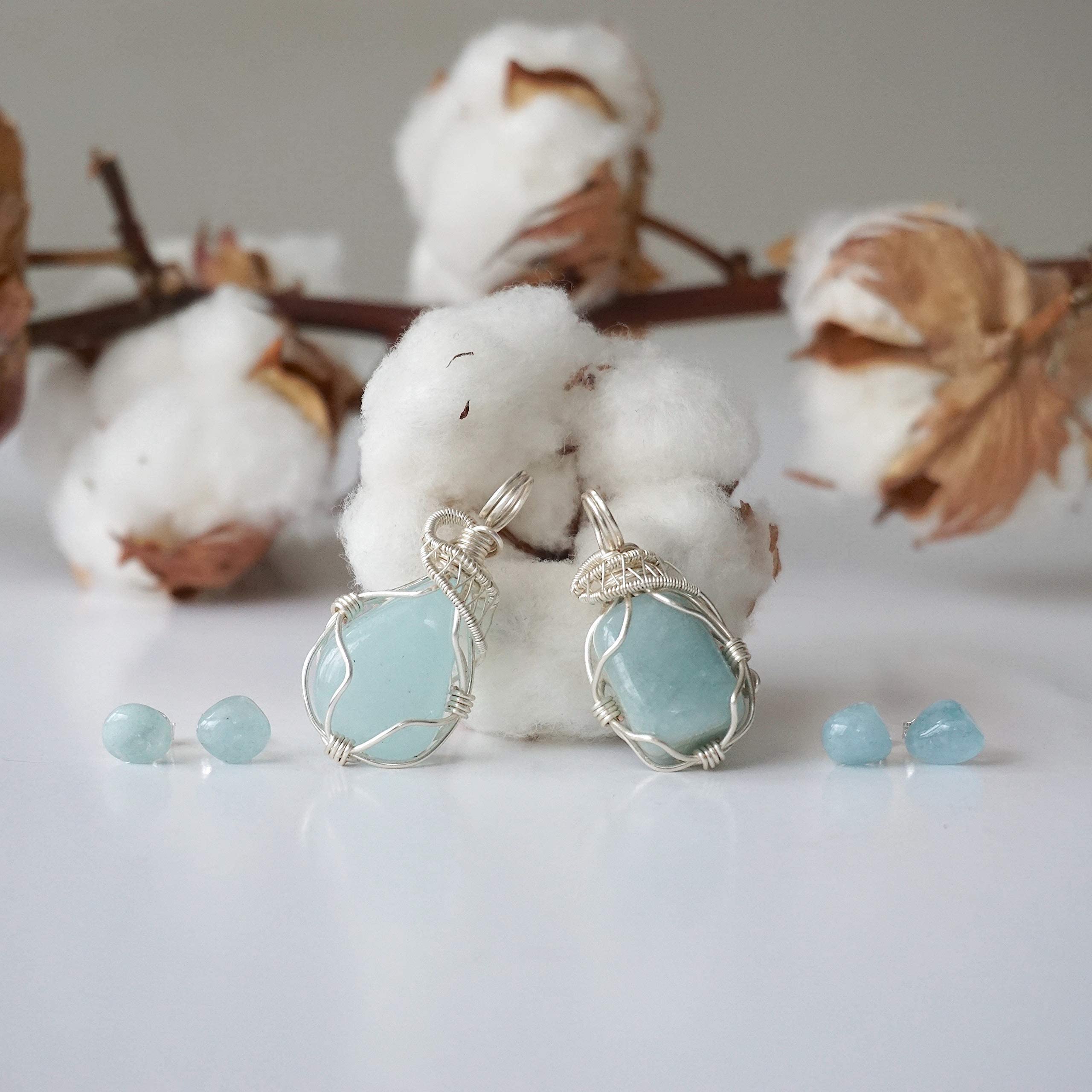 Handmade Aquamarine Jewelry Set for Women - Silver Plated 24 Inch Chain, Wire Wrapped Pendant & Earrings, March Birthstone Gift Box | Perfect for Birthdays, Anniversaries & Special Occasions