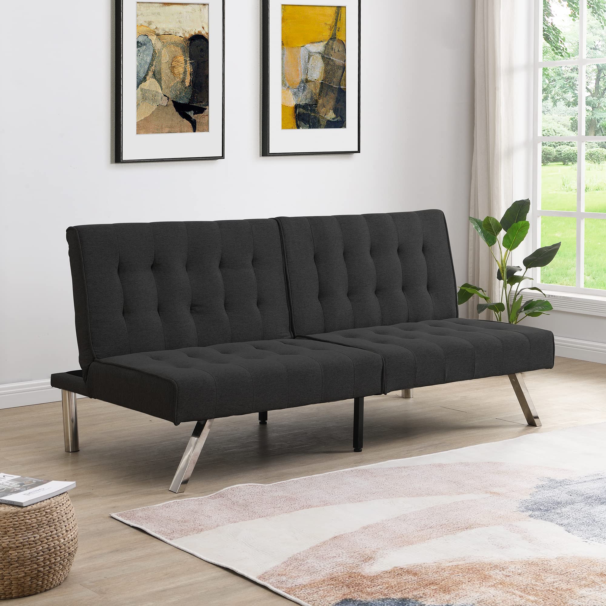 Black Wood Frame Stainless Leg Futon Sofa Bed - Convertible Sleeper for Small Spaces, Guest Rooms & Apartments