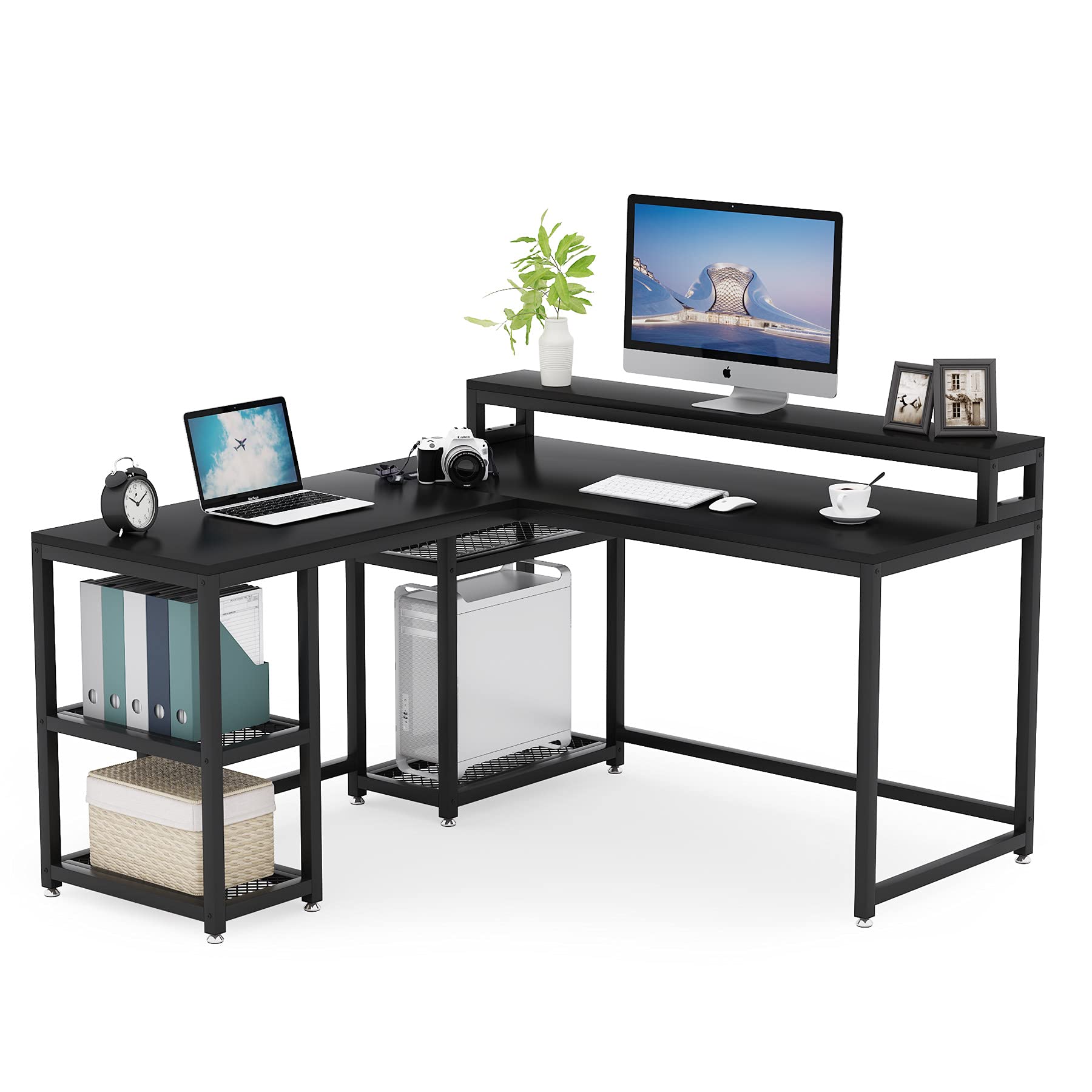 Tribesigns 59x55 Inch Reversible L-Shaped Desk with Monitor Stand - Large Corner Computer Desk for Home Office, Study Writing Table with Storage Shelves (Black) - Perfect for Small Spaces, Gaming Setup & Remote Work