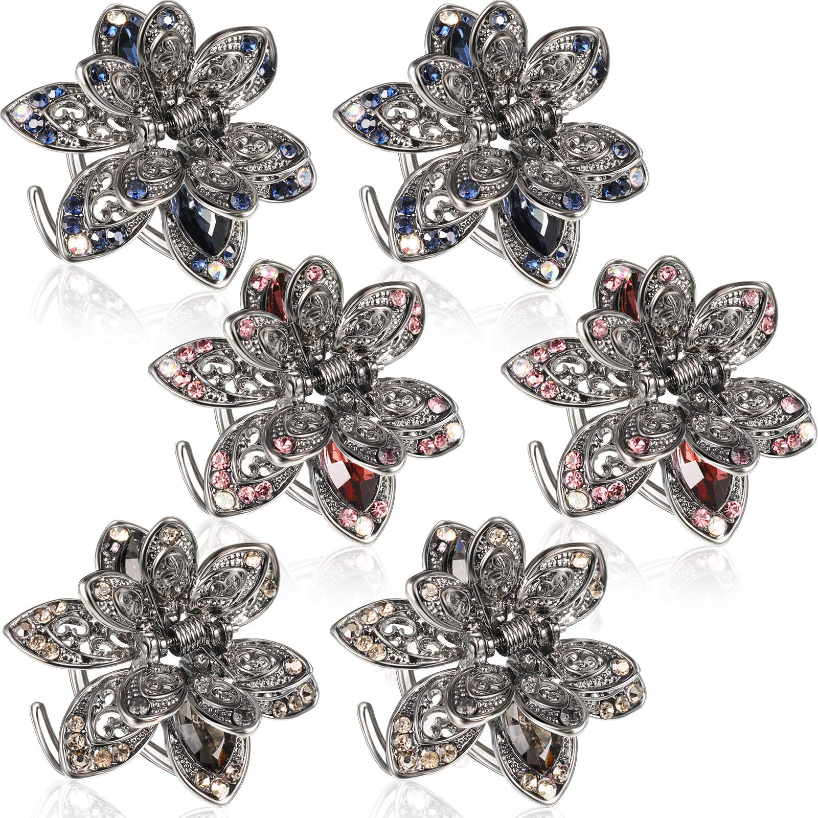 6-Piece Vintage Rhinestone Hair Clips for Women - Non-Slip Metal Crystal Hair Claws, Floral Barrettes in 3 Colors | Perfect for Weddings, Parties & Everyday Elegance