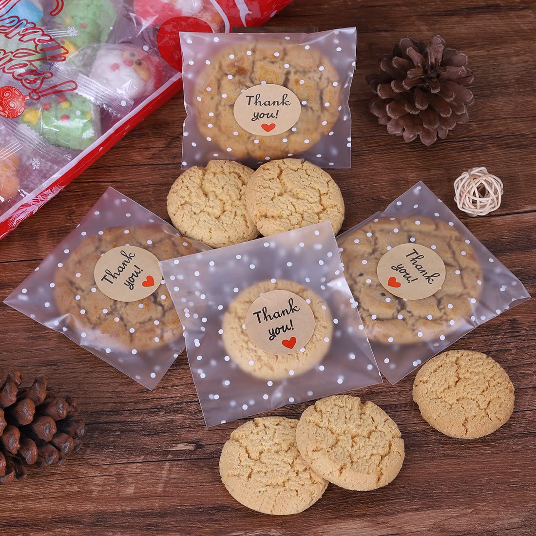 100PCS White Polka Dot Treat Bags - Self Adhesive Candy Cookie Bags for Gift Giving with Stickers (3.94 x 3.94 Inches) - Perfect for Birthday Parties, Baby Showers & Holiday Treats