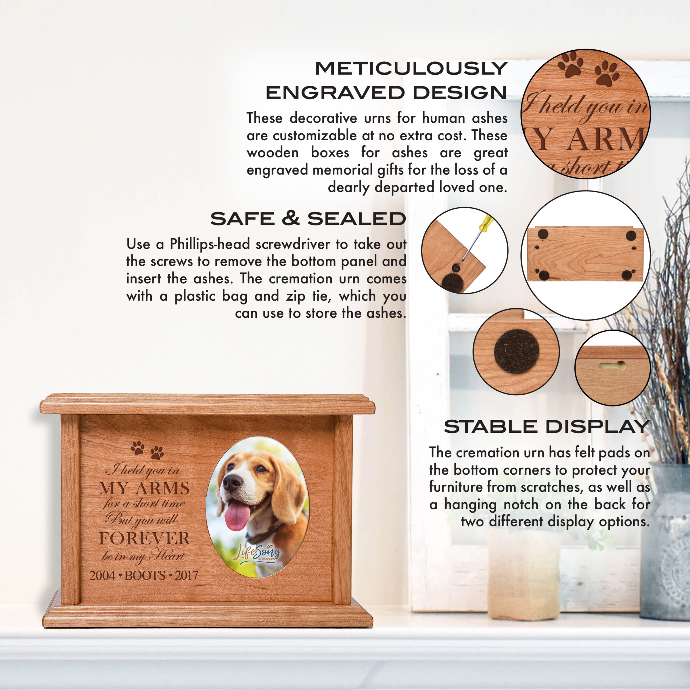 Personalized Pet Cremation Urn - Large Engraved Wooden Memorial Box for Dog & Cat Ashes with Photo Frame | Pet Loss Keepsake, Wall-Mounted Urn for Decorative Remembrance | Perfect for Home Memorials & Pet Tributes
