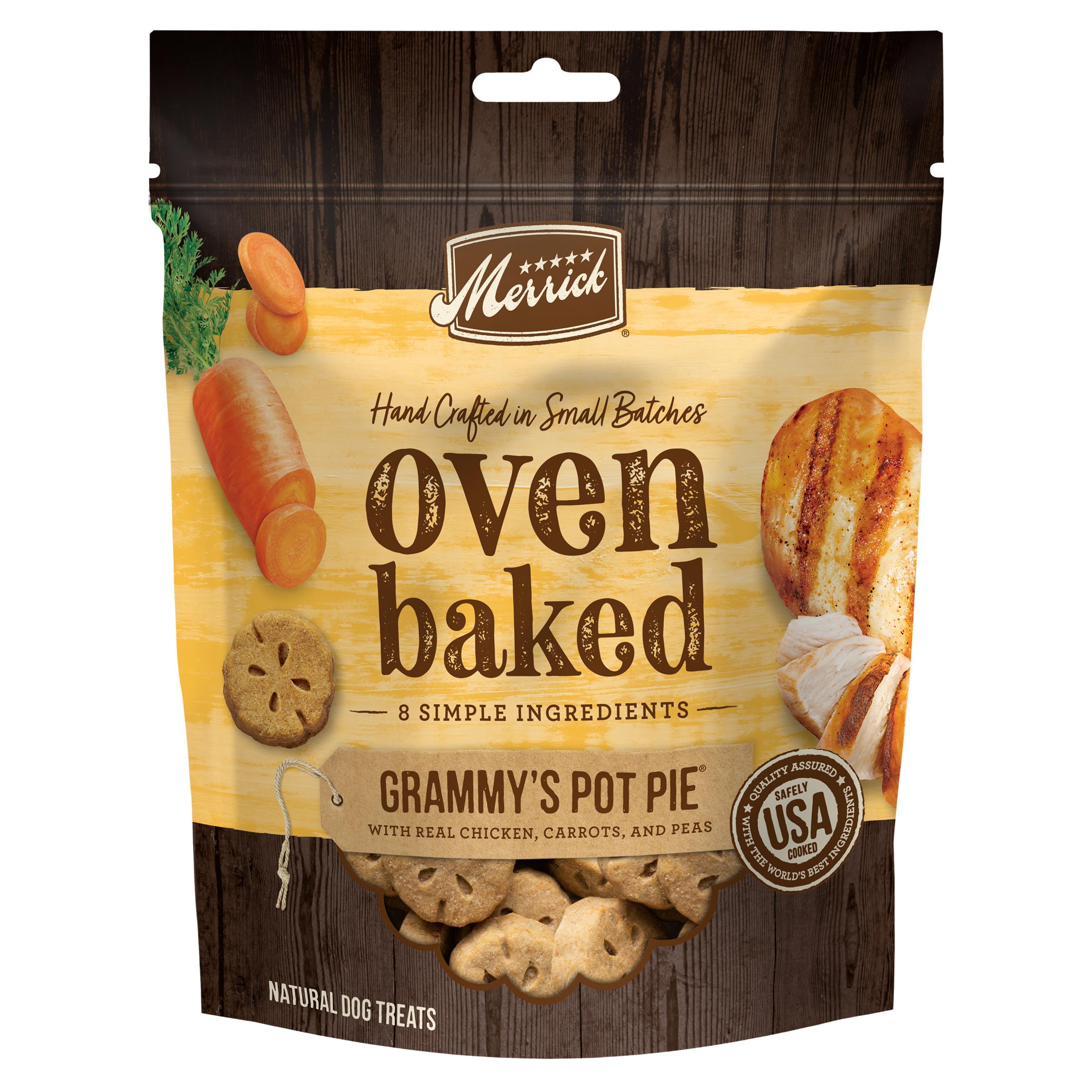 Merrick Oven Baked Natural Crunchy Dog Treats - Grammy’s Pot Pie Flavor with Real Chicken - 11oz Bag - Perfect for Training, Rewards & Dental Health
