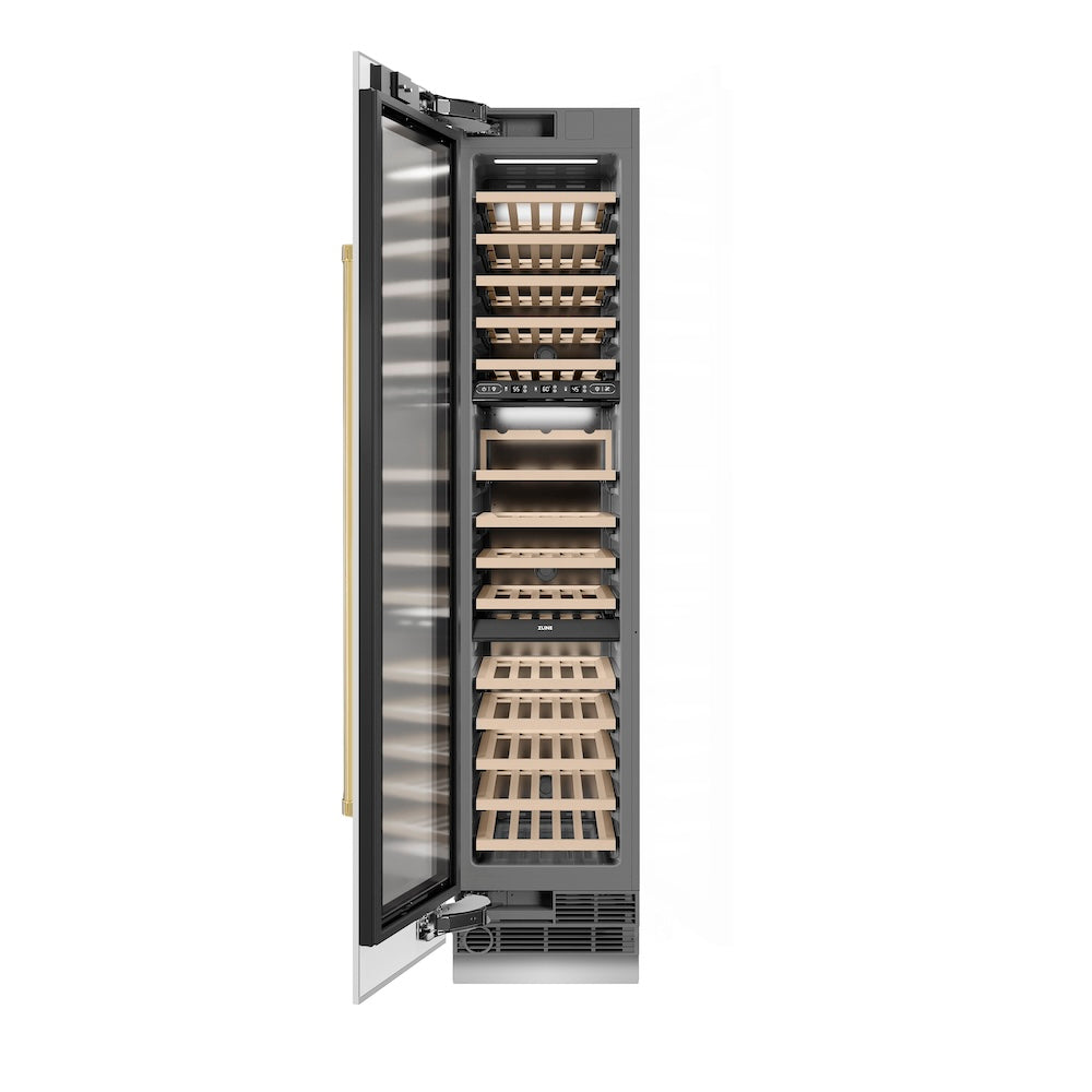 ZLINE Autograph Edition 18 Inch 9.0 cu ft Triple Zone 68 Bottle Left Hinge Column Wine Cooler - White Matte with Polished Gold Accents (RCWVLZ WM 18 G) | Perfect for Home Bars, Wine Cellars & Entertaining Spaces