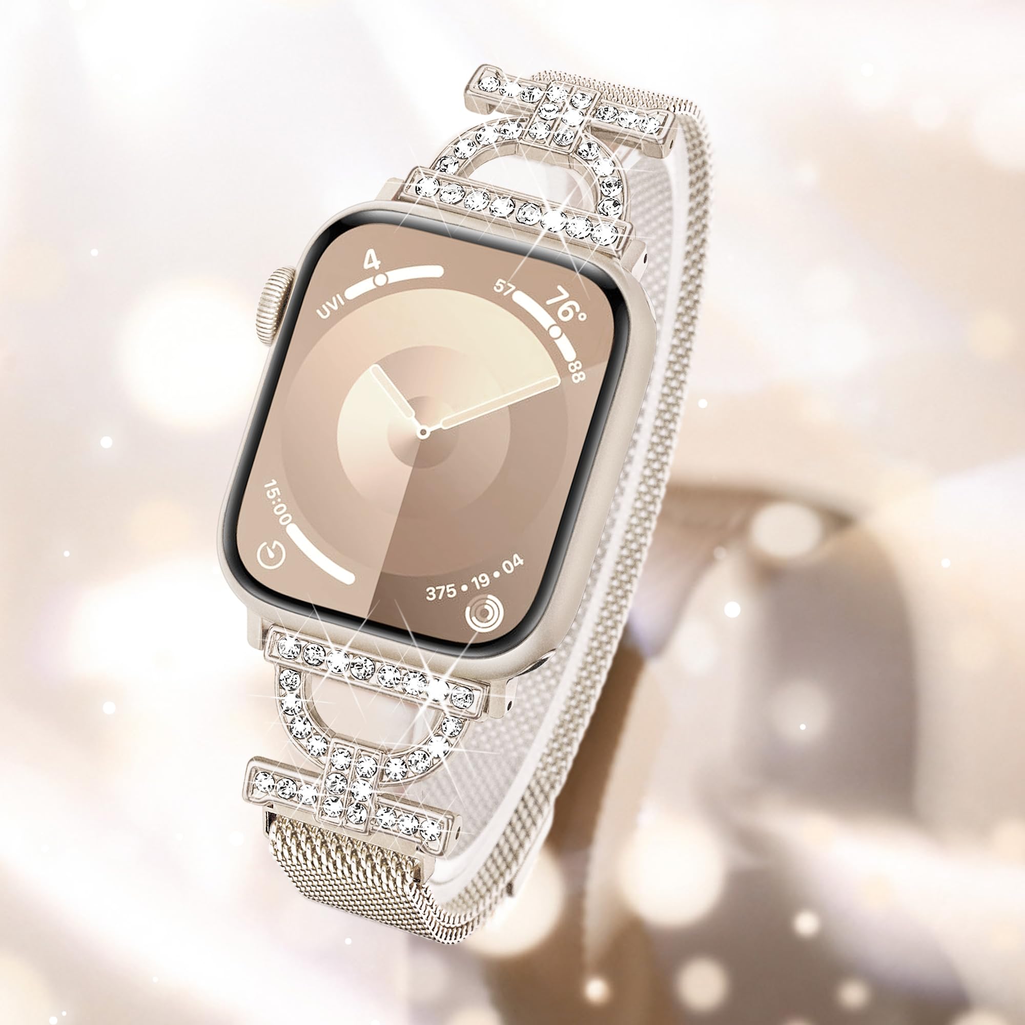 Sparkly Diamond Apple Watch Band for Women - Compatible with Series 10/9/8/7/6/5/4/3/2/1 & SE, 38mm/40mm/41mm/42mm - D-Shaped Slim Sport Bracelet (Starlight) | Perfect for Parties, Weddings & Everyday Elegant Style