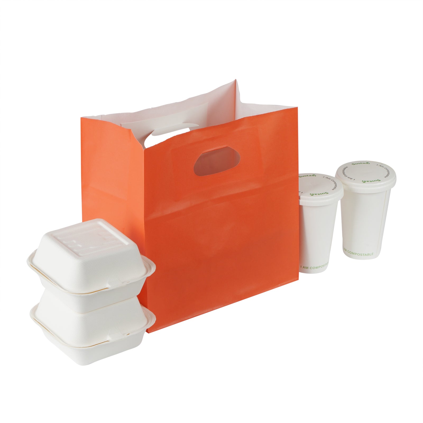Eco-Friendly Rectangle Tangerine Orange Paper Take Out Bags with Handles - 11 x 7 x 11 Inches (100 Count) - Perfect for Restaurants, Cafes & Catering Businesses