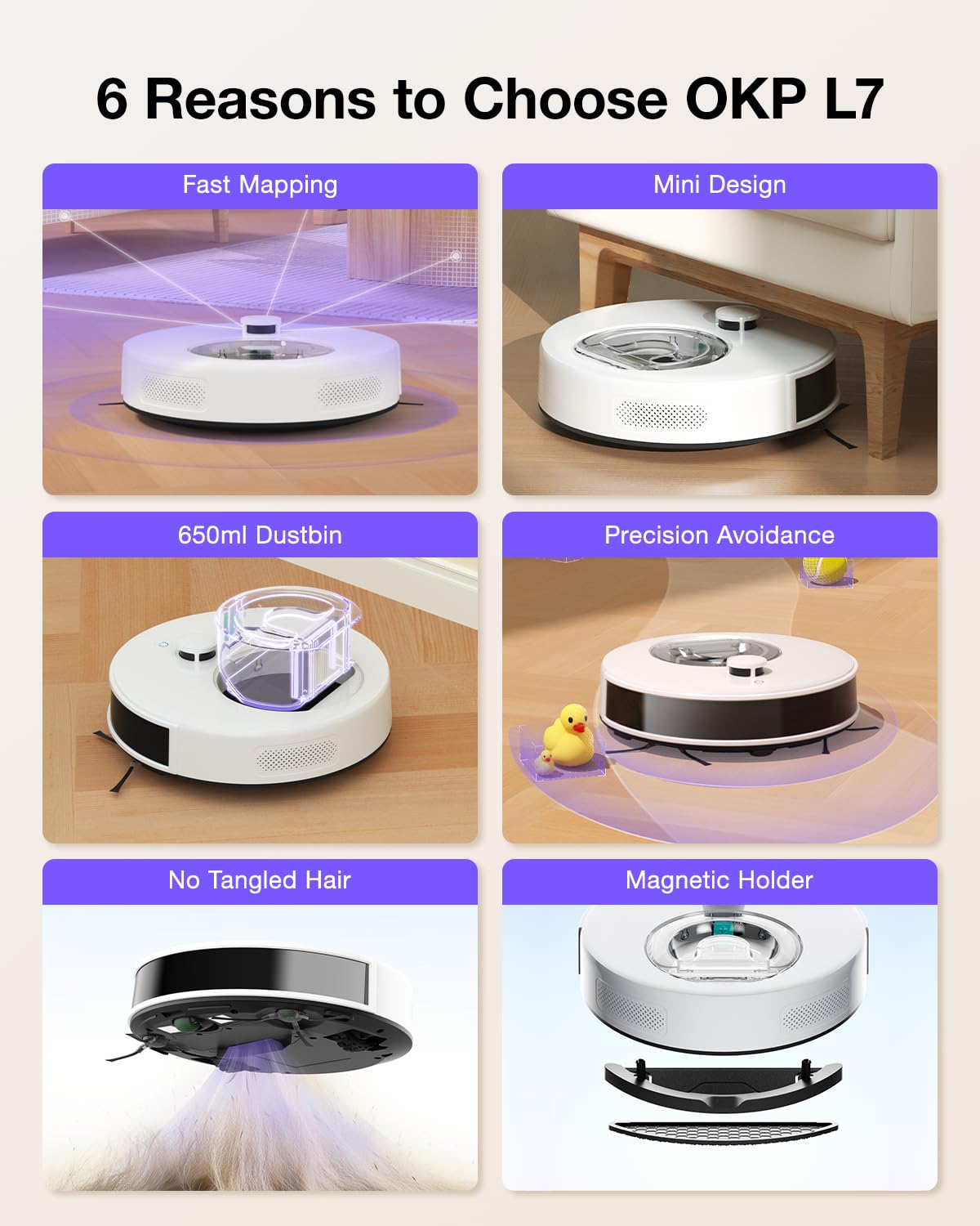 OKP L7 Robot Vacuum and Mop Combo - 6000Pa Strong Suction, LiDAR Navigation & 3D Mapping for Hard Floors & Pet Hair - Smart No-Go Zones, WiFi/App/Alexa Control - Perfect for Homes with Pets and Hardwood Floors