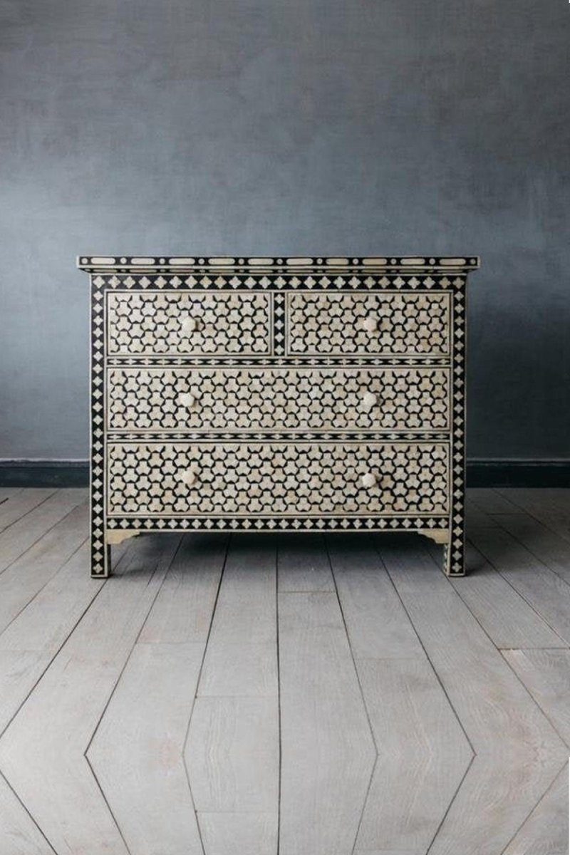 Handmade Bone Inlay Targua Dresser - 4 Drawer Black & White Vintage Storage Cabinet for Bedroom, Living Room & Entryway Organization