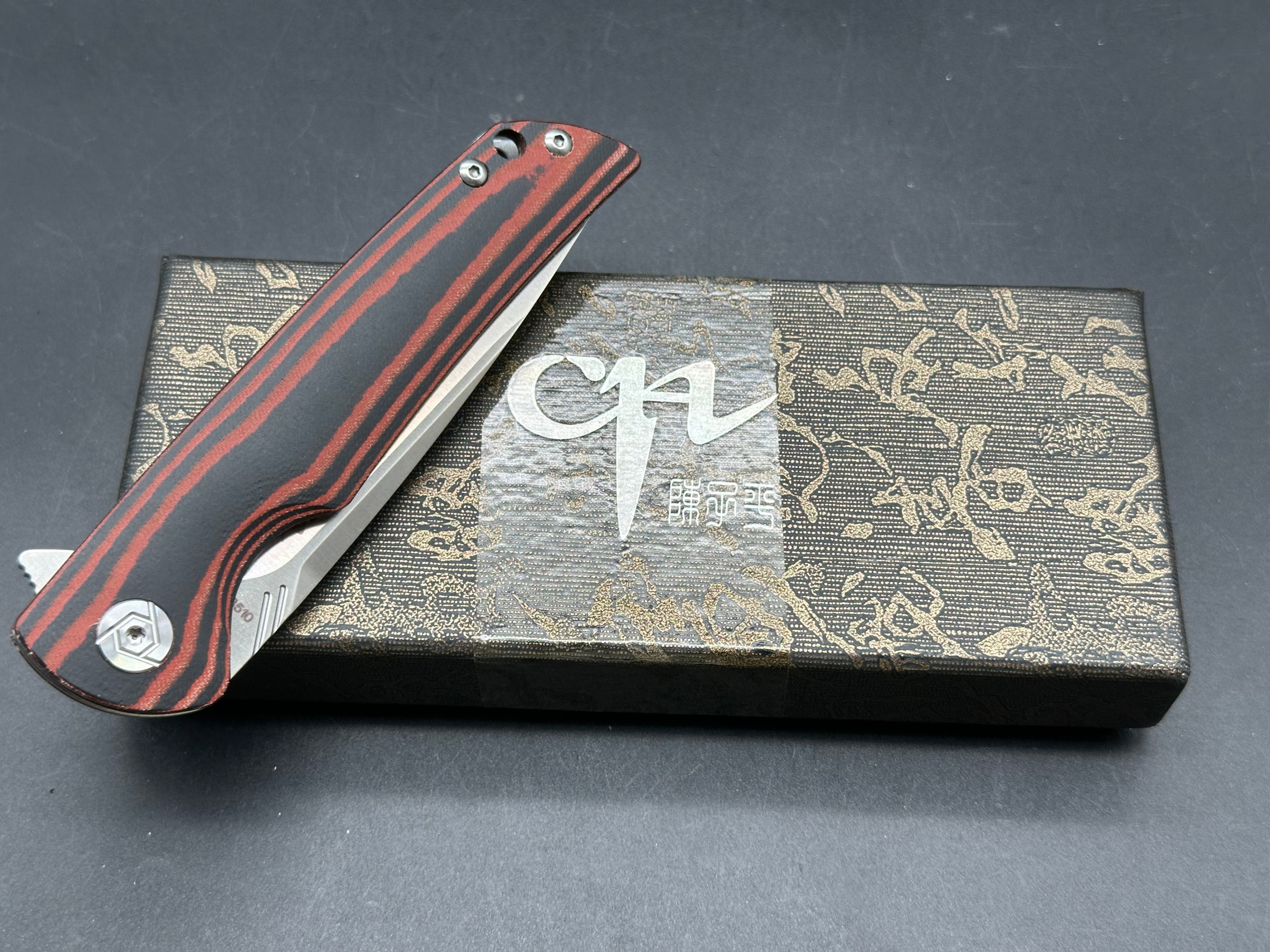CH KNIVES CH3510 Folding Pocket Knife - D2 Steel Blade, Black/Red Micarta Handle - EDC, Camping, Hiking & Outdoor Survival Tool