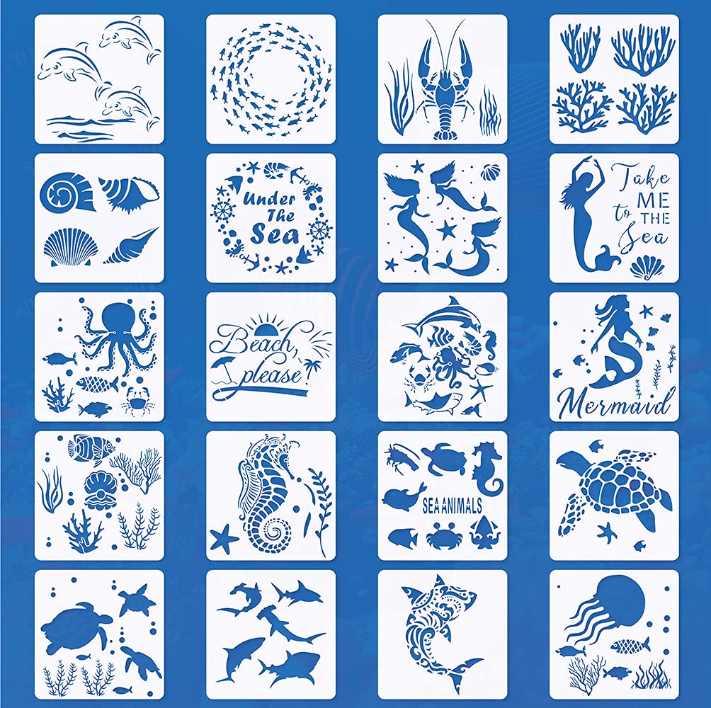 20-Piece Reusable Sea Creature Stencils for Painting on Wood, Walls & DIY Crafts - Ocean Marine Life Animal Templates (15x15cm/6x6in) - Perfect for Scrapbooking, Home Decor & Wood Sign Projects
