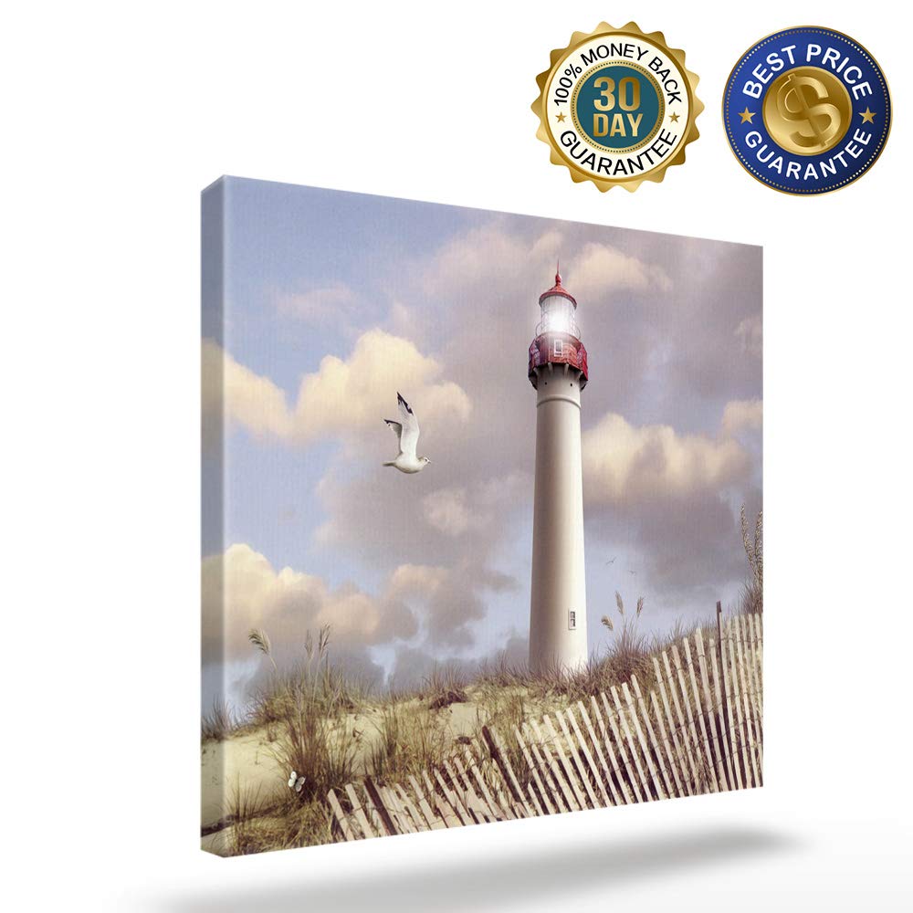 Beautiful Lighthouse Grassland Dreamy Sky Clouds Seagulls Scenery Canvas Wall Art - 16x16 Inch Framed Abstract Painting Print for Bedroom, Bathroom & Kitchen Decor - Ready to Hang Gift Idea - Perfect for Coastal, Farmhouse or Nautical Theme Rooms
