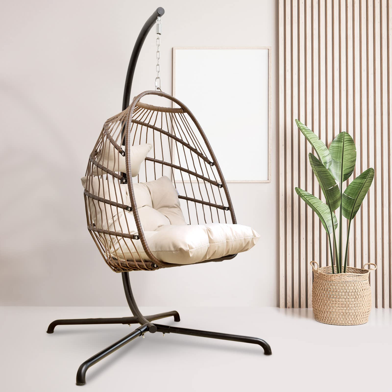 **Foldable Wicker Rattan Hanging Egg Chair with Stand - Swing Chair with Cushion & Pillow for Indoor, Outdoor, Bedroom, Patio, Garden - Perfect for Relaxing, Lounging & Reading (Brown)**