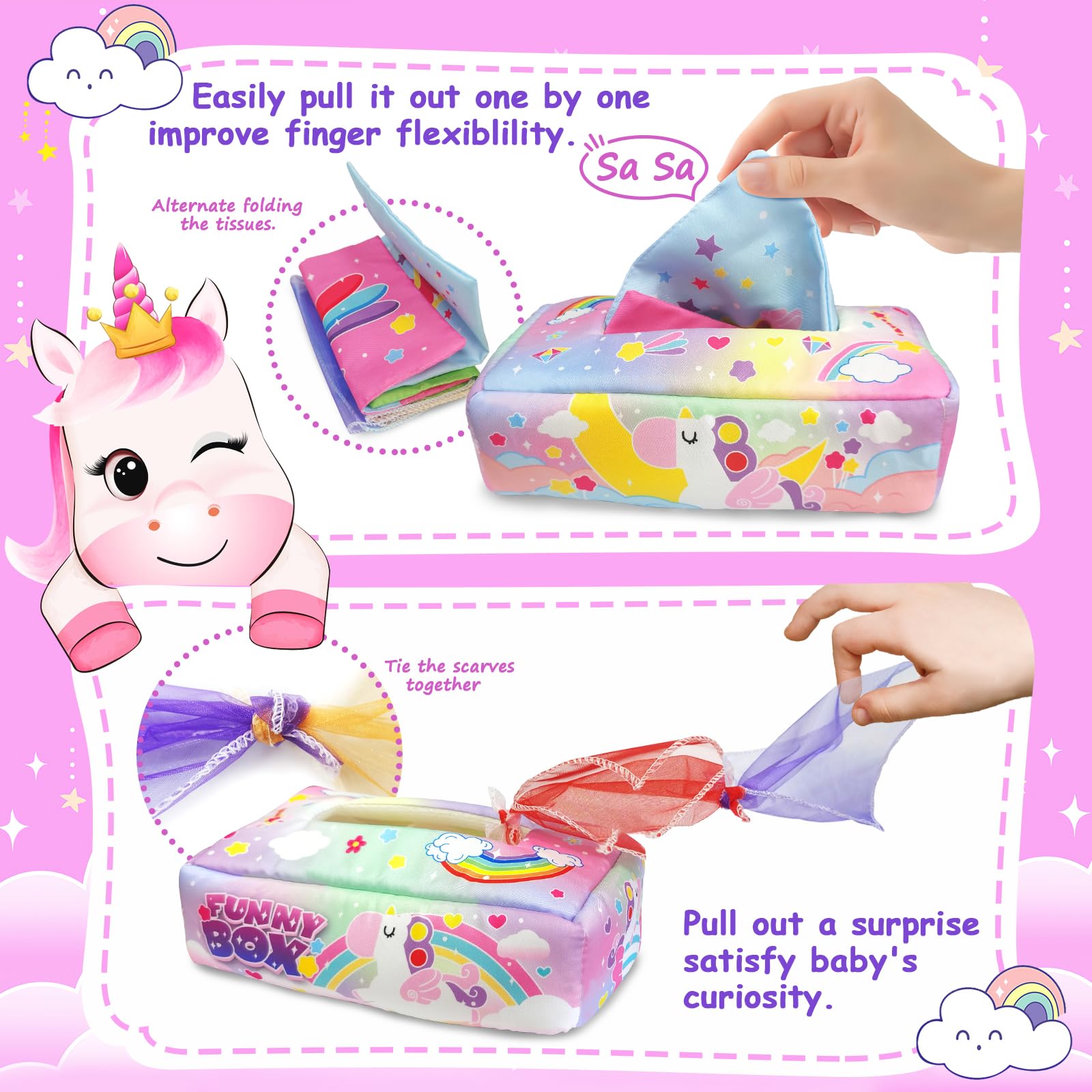 Baby Tissue Box Toy - Soft Crinkle Sensory Learning Toy for 12 Month Old Boys & Girls | Educational Infant Toddler Toys 1 Year+ | Perfect for Playtime, Early Development & Sensory Stimulation
