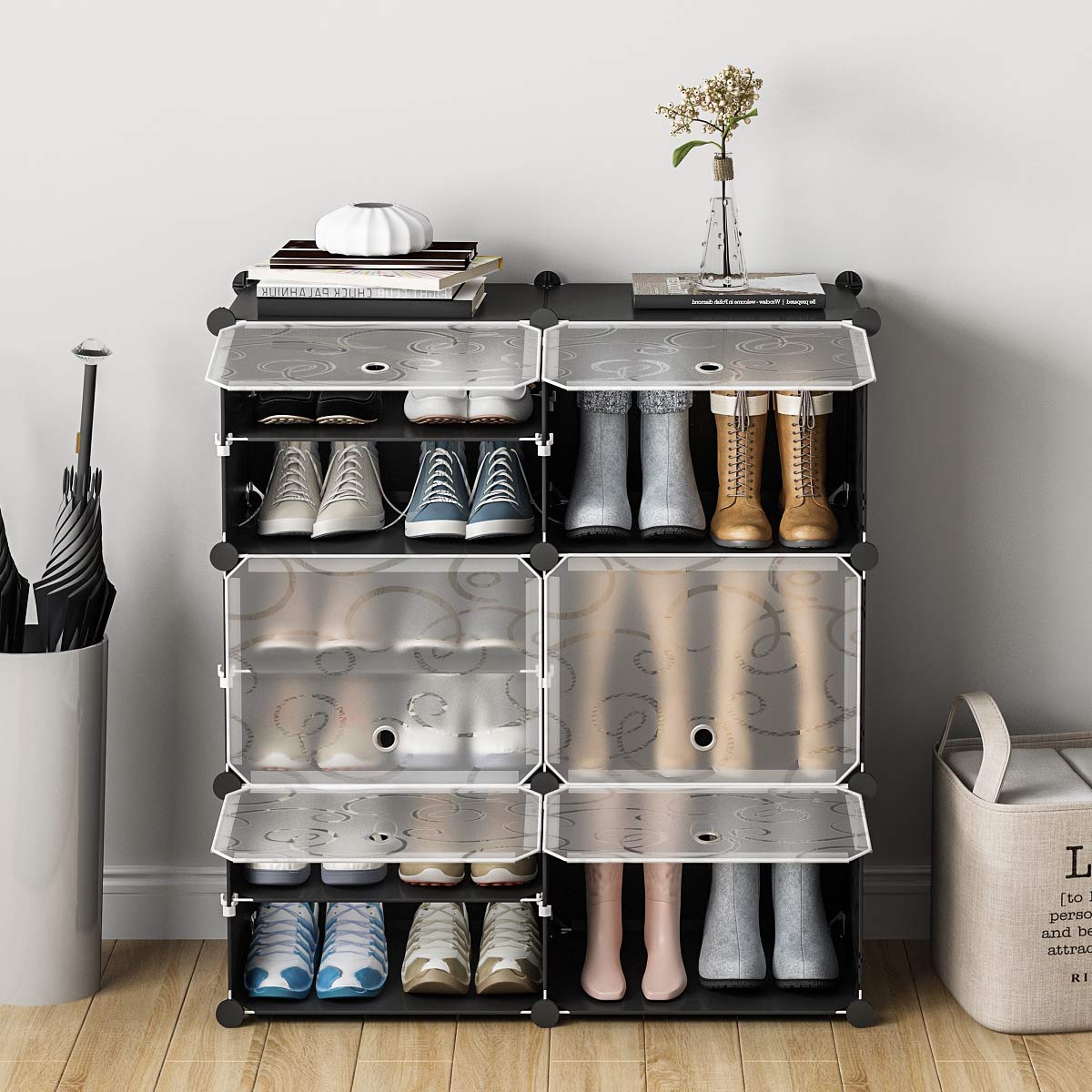 KOUSI 24 Pair Expandable Shoe Rack Organizer - 6 Tier Tower Shelf Storage Cabinet for Heels, Boots & Slippers (Black/Clear, 32