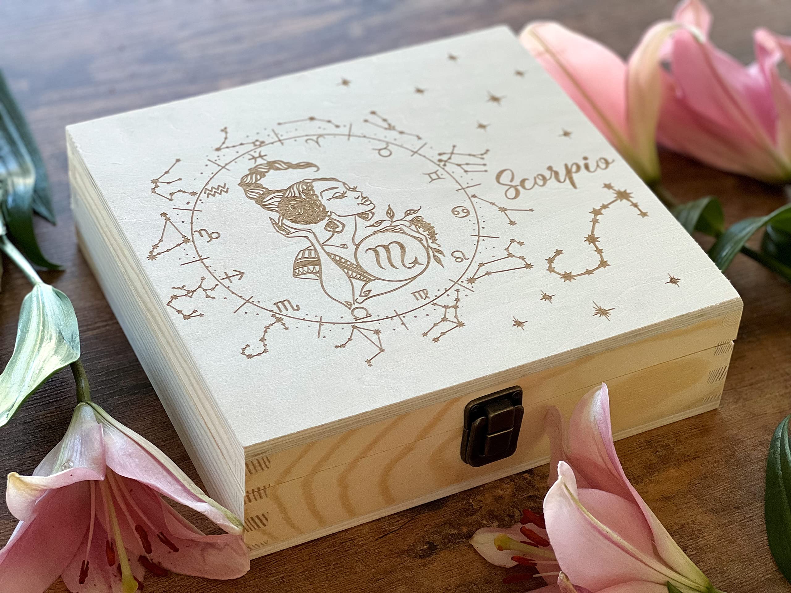 Scorpio Zodiac Sign Wooden Keepsake Box - Personalized Astrology Gift for Scorpio Birthday, Anniversary & Special Occasions - Handcrafted Engraved Treasure Box for Jewelry, Mementos & Keepsakes