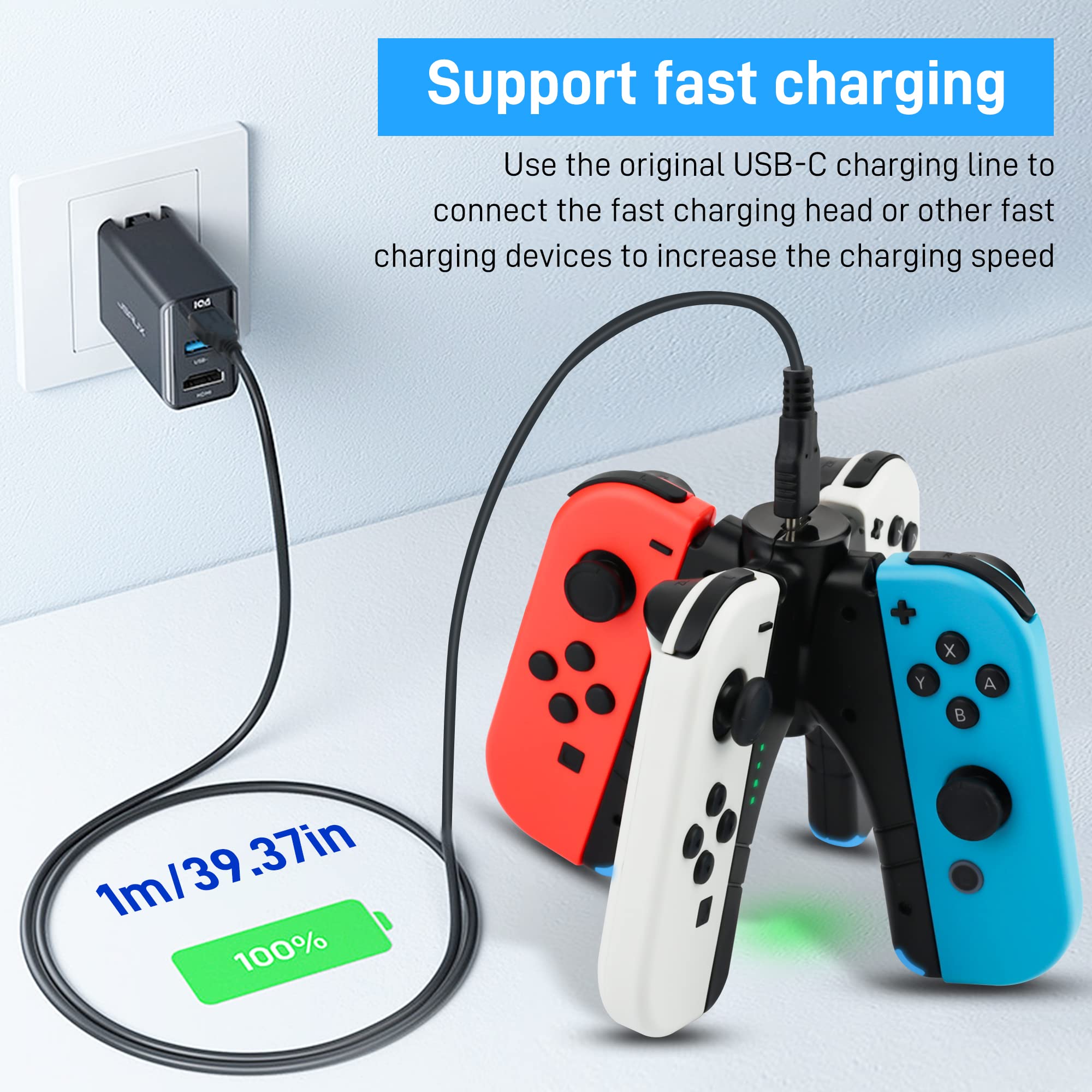 4 in 1 Controller Charger Grip for Nintendo Switch JoyCon & Switch OLED - FANPL JoyCon Charging Dock with LED Indicator, USB Cable | Converts to Grip or Stand | Perfect for Gaming at Home or Travel