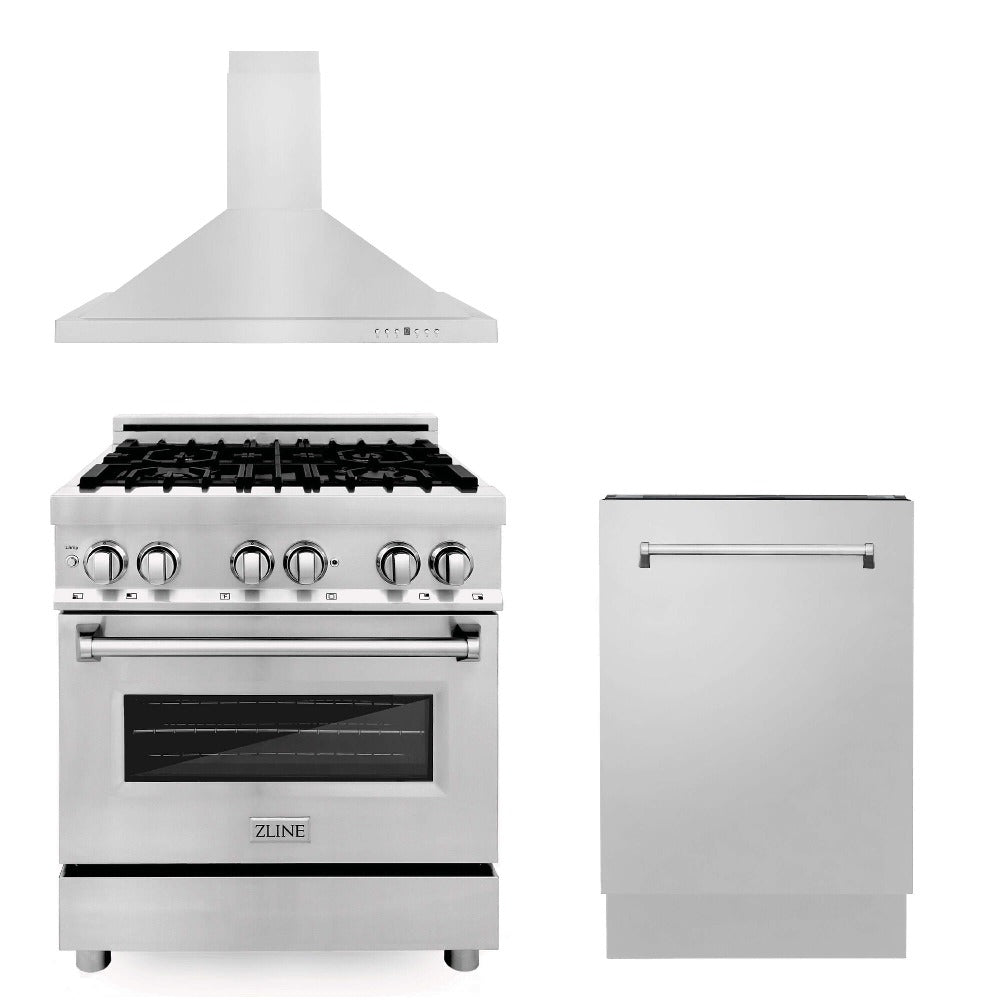 ZLINE 30 Inch Stainless Steel Dual Fuel Range Kitchen Package with Convertible Range Hood & Dishwasher | Professional Gas Stove & Oven Combo for Home Chefs | Perfect for Modern Kitchens, Cooking Enthusiasts & Entertaining Guests