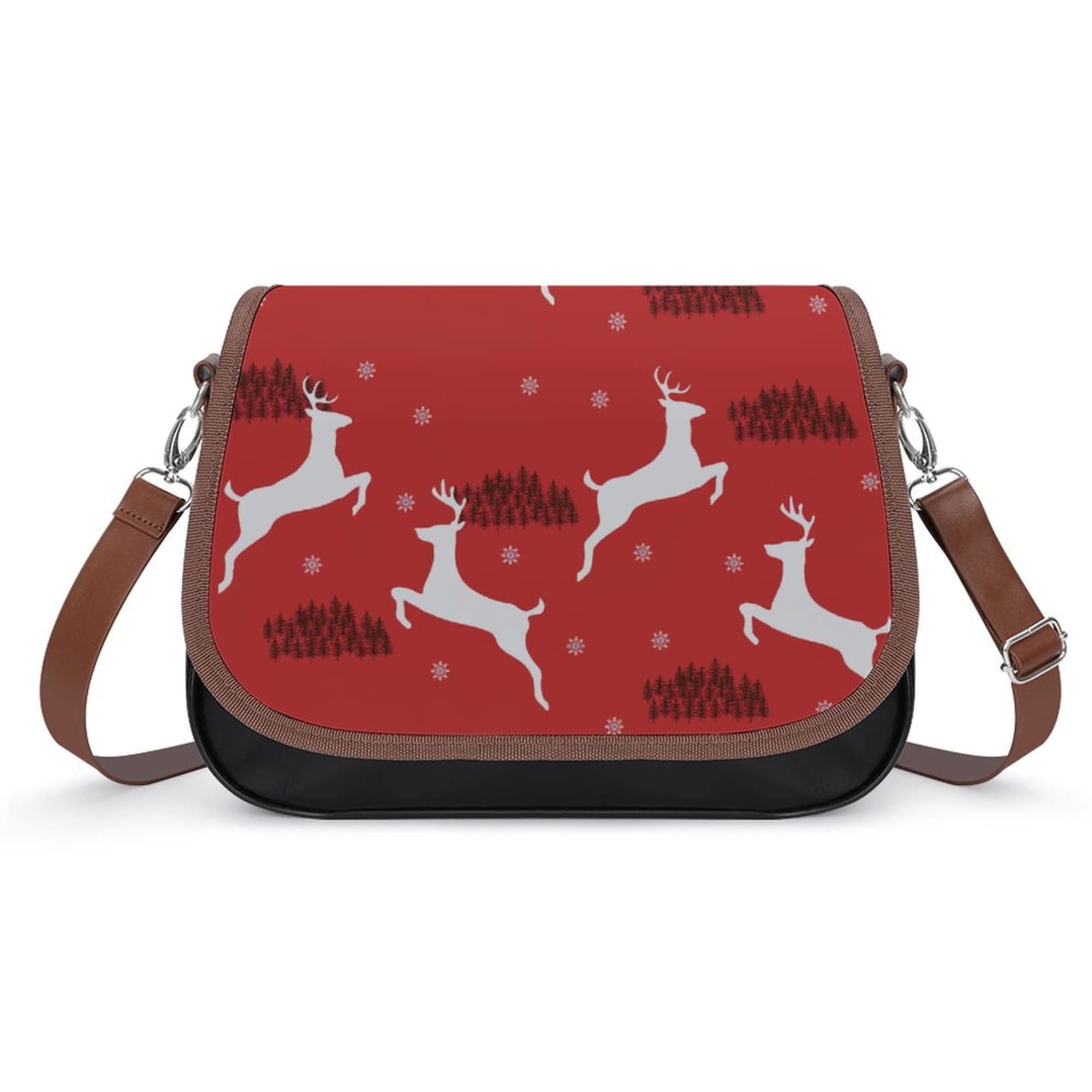 Stylish Printed Leather Shoulder Crossbody Bag for Women - Medium Hobo Satchel with Top Handles in Red & White Elk Design | Perfect for Work, Travel & Everyday Use