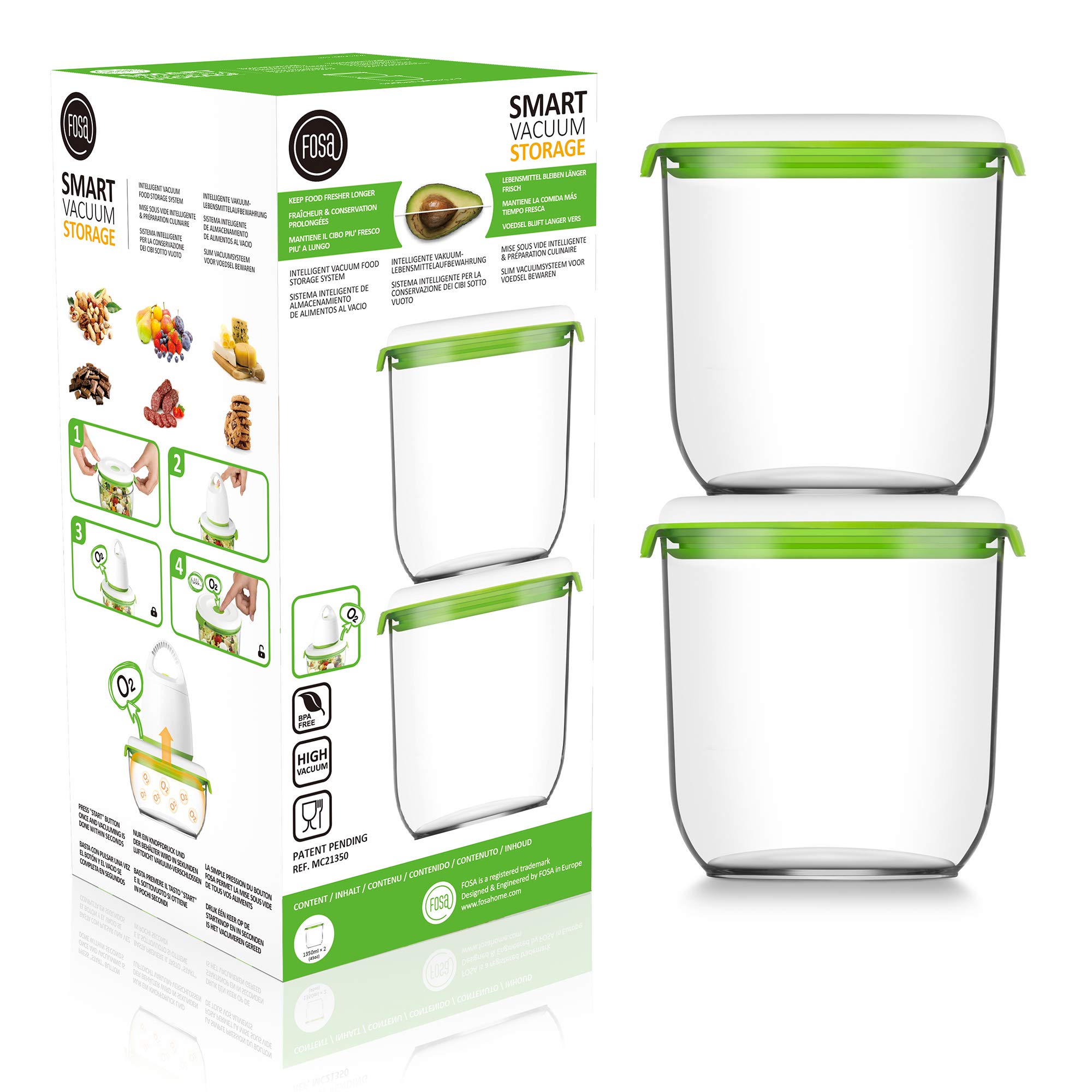 FOSA 2-Pack 45 oz Vacuum Seal Food Storage Containers | Airtight Kitchen Organization for Meal Prep, Leftovers & Dry Goods | BPA-Free Durable Plastic (Pump Sold Separately)