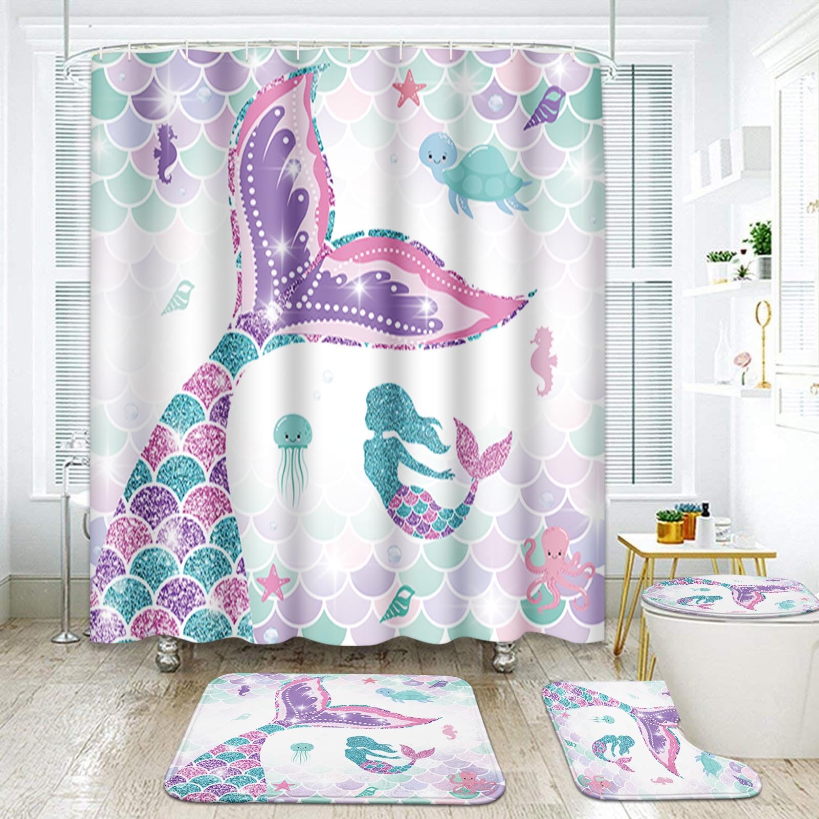 ArtSocket Pink Mermaid Tail Bathroom Set - 4 Piece Shower Curtain with Matching Rugs, Sea Turtle & Seahorse Design | Coastal Themed Bathroom Decor for Kids & Teens | Perfect for Beach House, Summer Vacation or Mermaid Lover's Bathroom