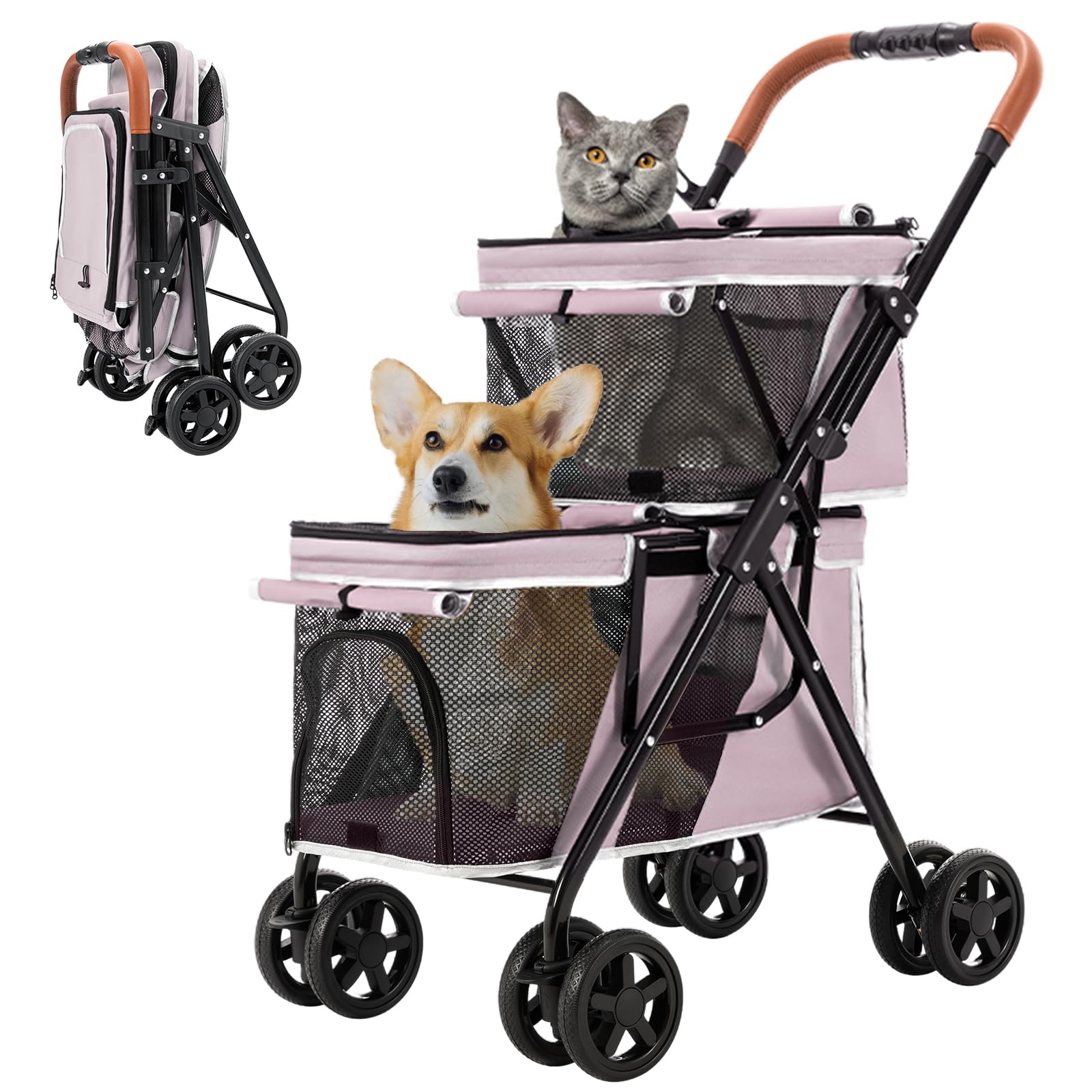 Double Pet Stroller for Dogs and Cats - Lightweight Foldable Travel Carrier with 4 Wheels for Small & Medium Pets (Pink) | Perfect for Park Walks, Vet Visits & Shopping Trips