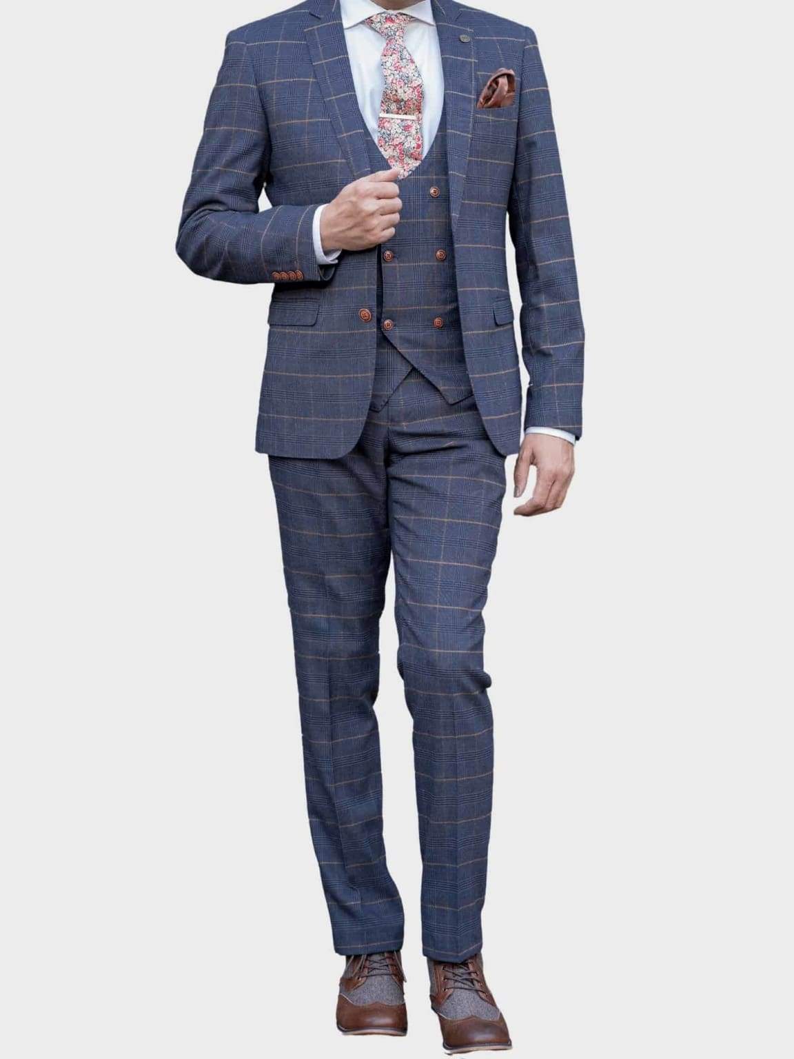 Marc Darcy Jenson Men's 3-Piece Navy Check Suit - Premium Wool Blend Business Formal Attire for Weddings, Office & Special Occasions