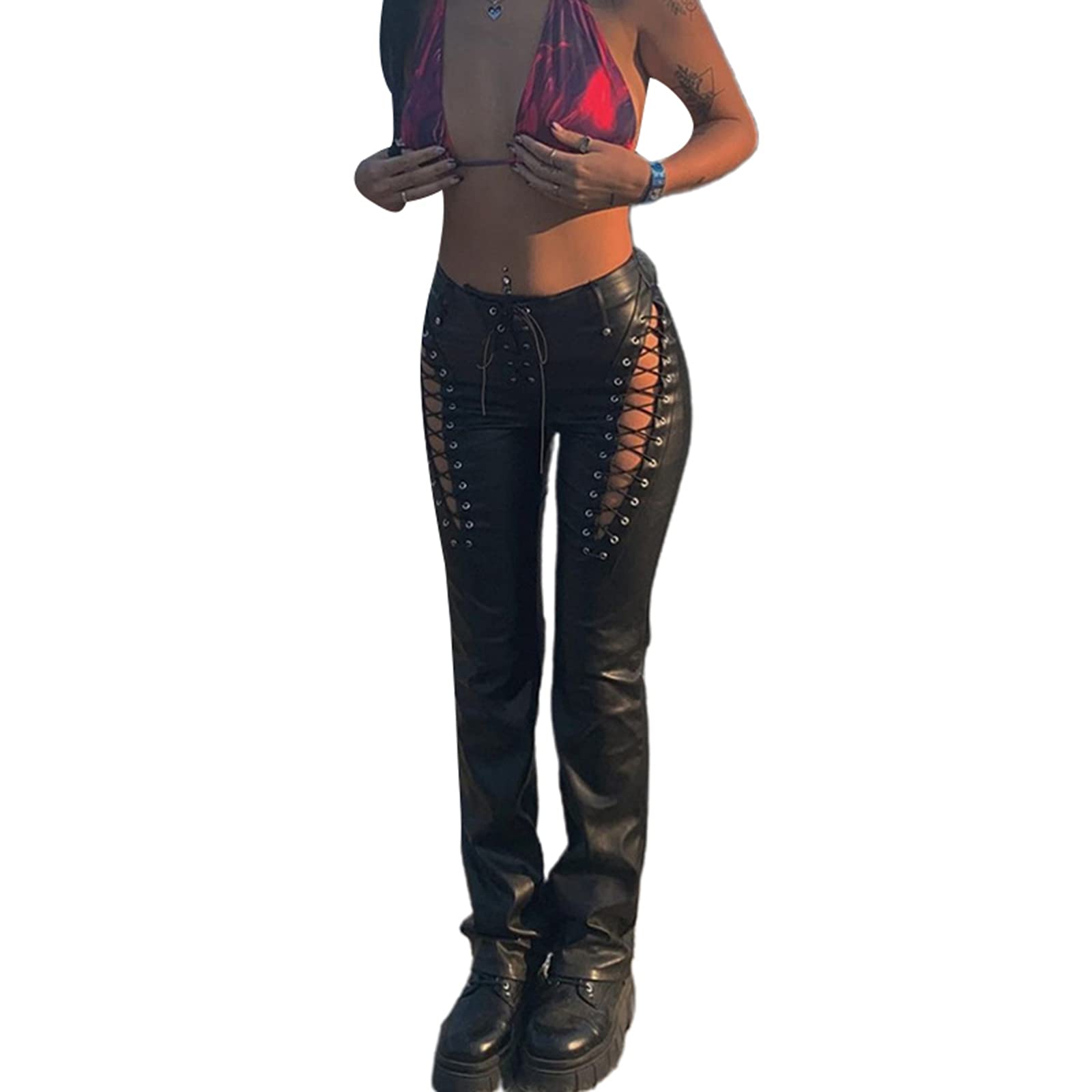 Sexy Hollow Out High Waist PU Leather Pants for Women - Solid Color Cut Out Lace Up Bandage Trousers Faux Leather Tights | Clubwear, Night Out, Cosplay, Fashion Statement