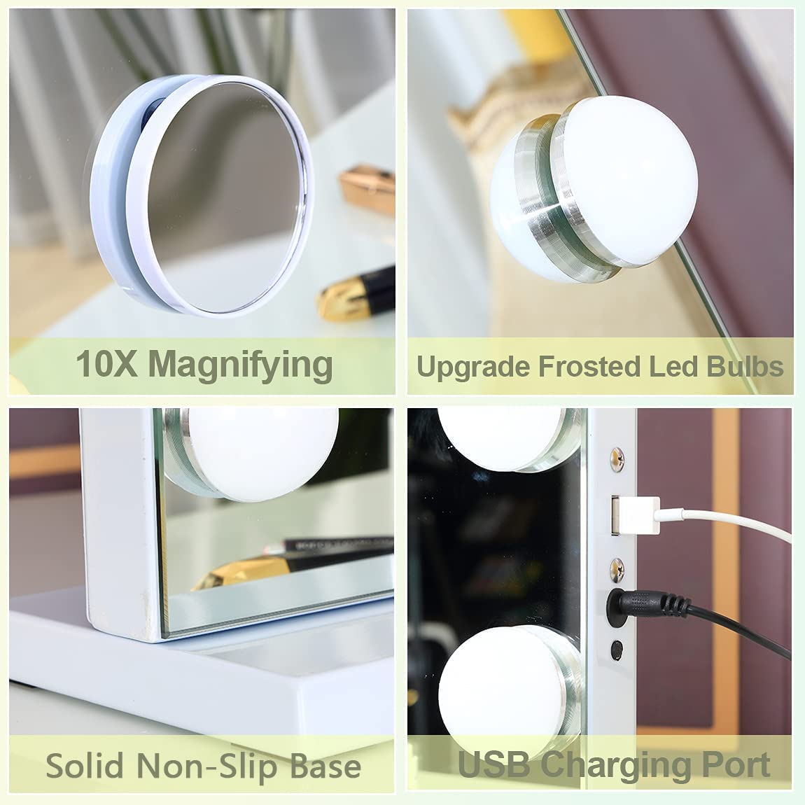 COOLJEEN Hollywood Vanity Mirror with Lights - 18 Dimmable LED Bulbs, Bluetooth Speaker & USB Charging Port - 3 Color Modes for Makeup, Skincare & Dressing Room Lighting