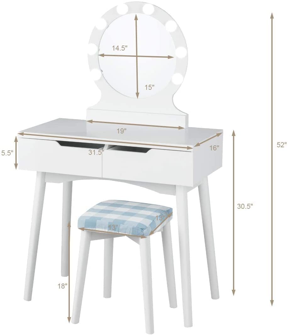 Byroce Vanity Table Set with Round LED Lighted Mirror, Makeup Dressing Table with 8 Adjustable Bulbs & Touch Switch, White Bedroom Makeup Desk for Girls, Includes Cushioned Stool & 2 Spacious Drawers - Perfect for Home Beauty Salon & Bedroom Decor